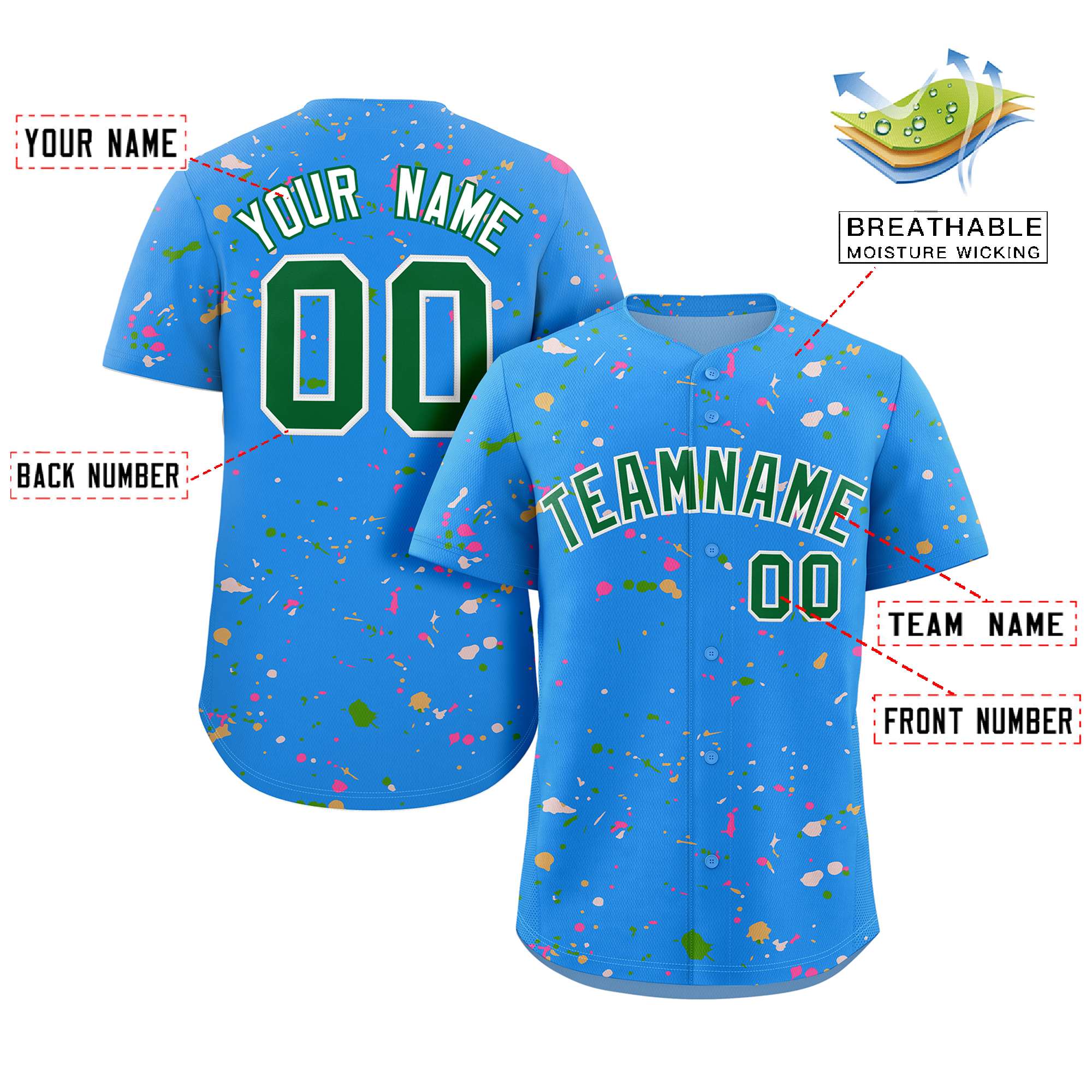 Custom Powder Blue Kelly Green-White Splash Graffiti Pattern Authentic Baseball Jersey