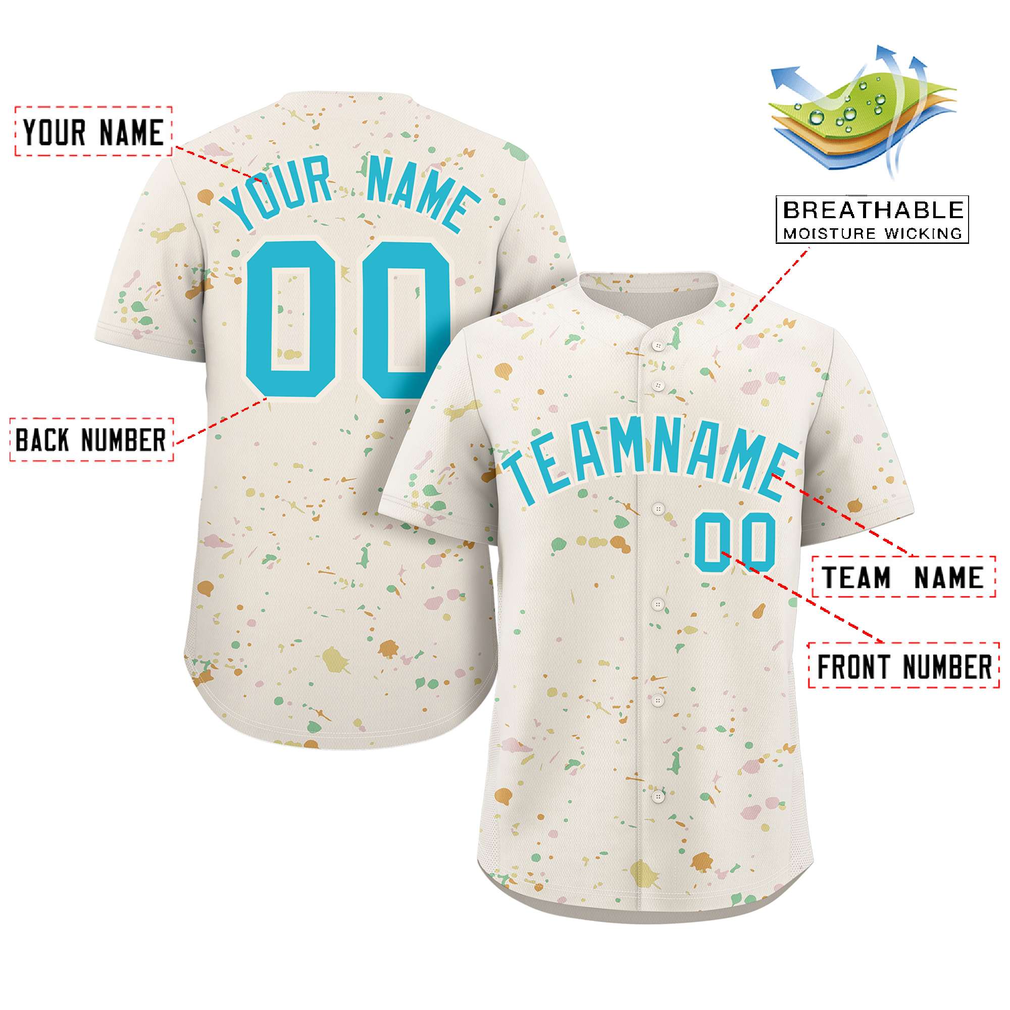 Custom Cream Light Blue Splash Graffiti Pattern Authentic Baseball Jersey