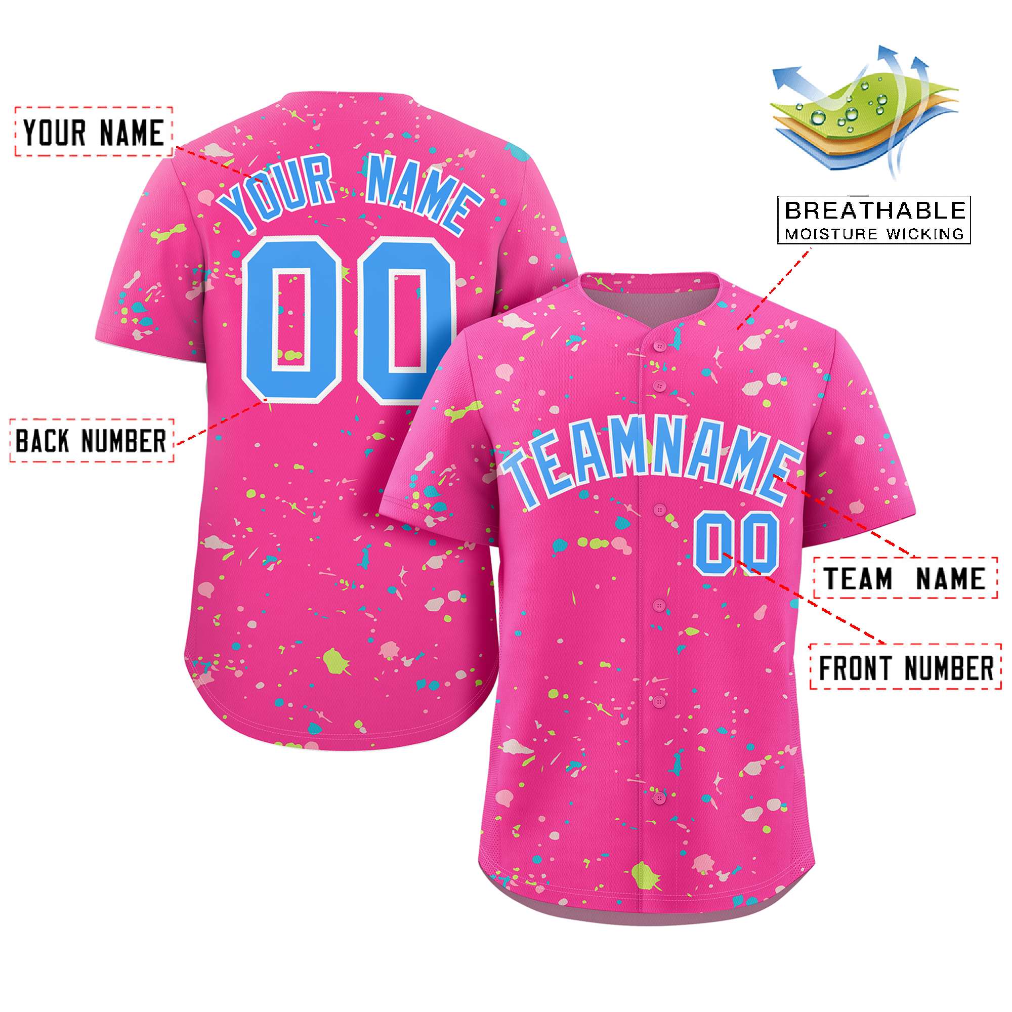 Custom Pink Powder Blue-White Splash Graffiti Pattern Authentic Baseball Jersey