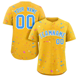 Custom Gold Powder Blue-White Splash Graffiti Pattern Authentic Baseball Jersey