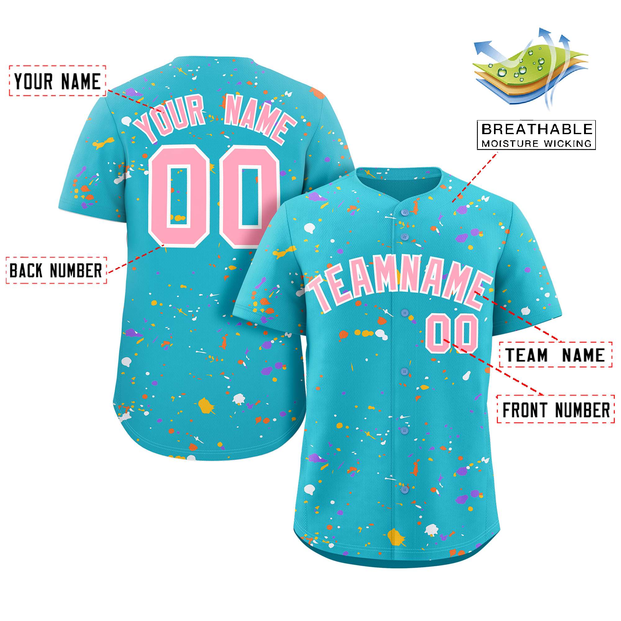 Custom Light Blue Pink-White Splash Graffiti Pattern Authentic Baseball Jersey