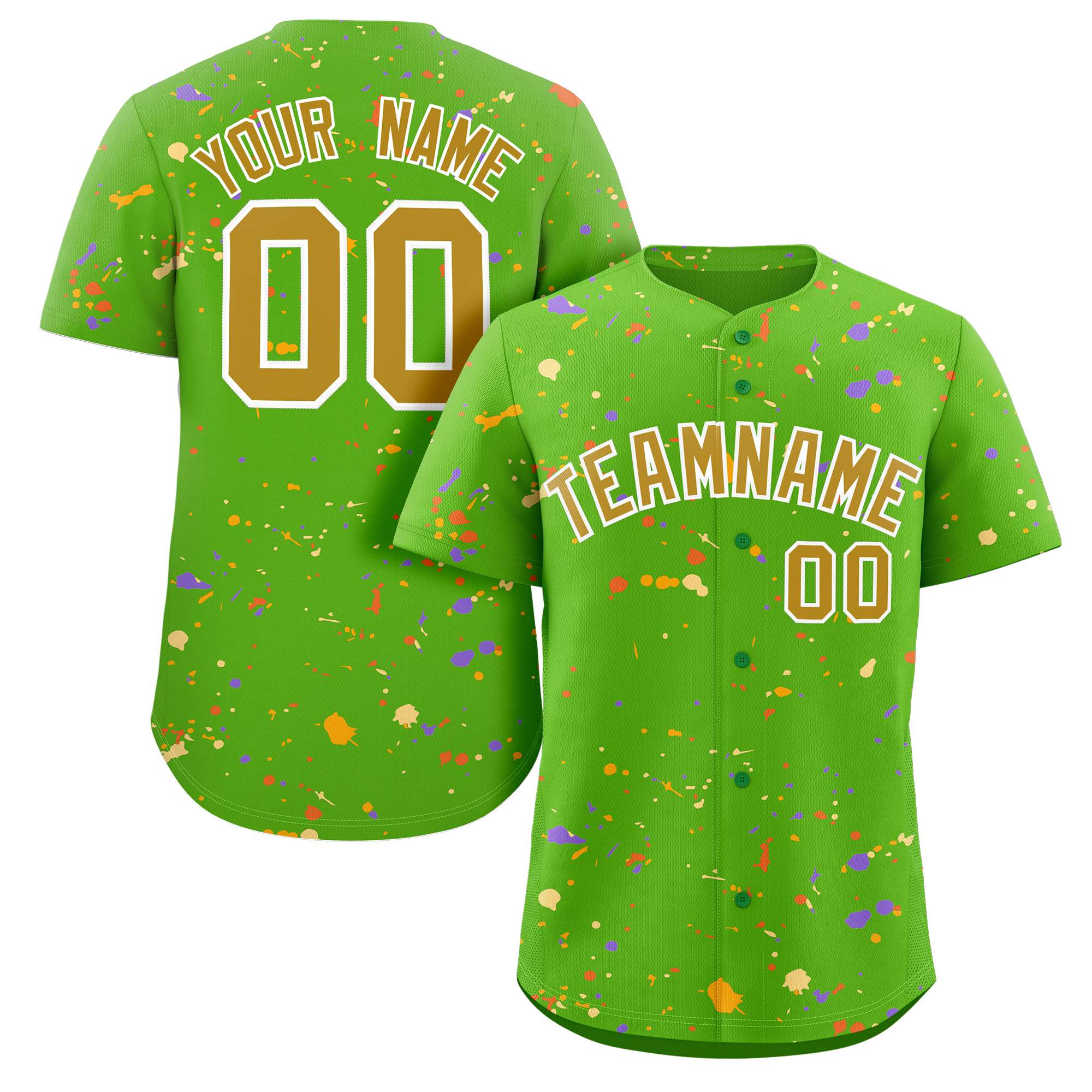 Custom Green Old Gold-White Splash Graffiti Pattern Authentic Baseball Jersey