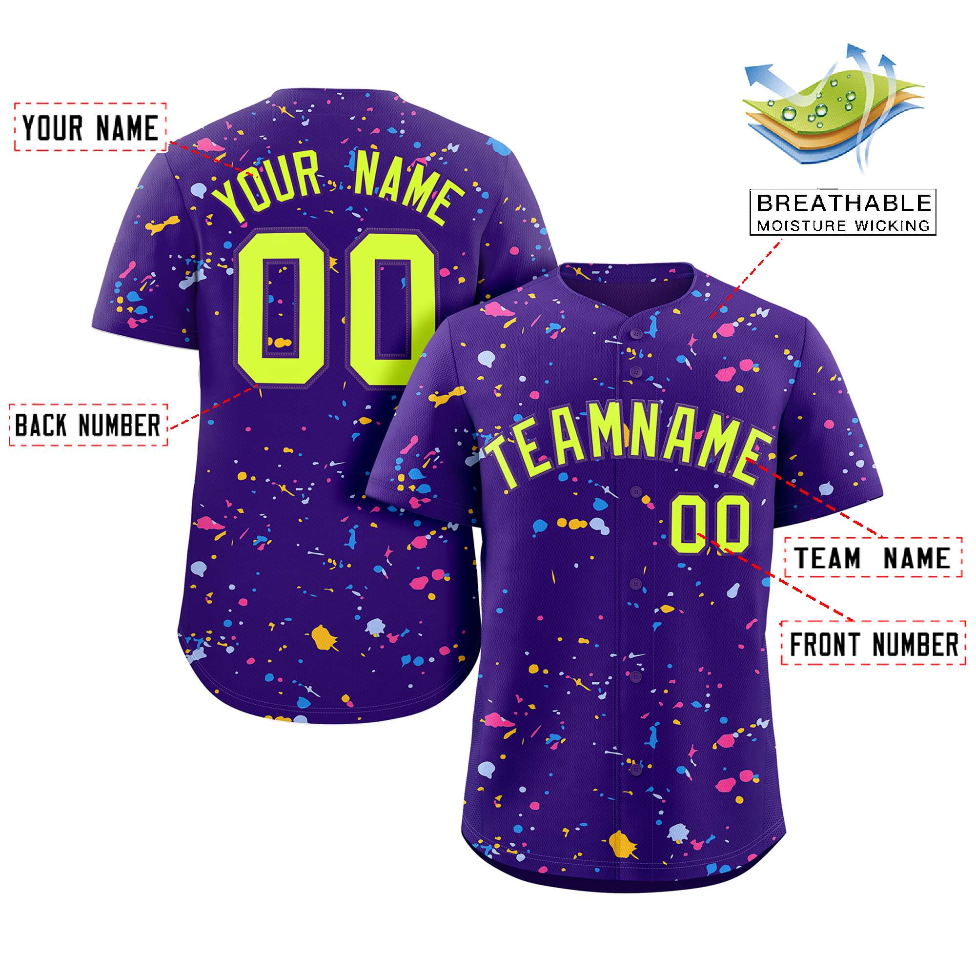 Custom Purple Neon Green-Purple Splash Graffiti Pattern Authentic Baseball Jersey