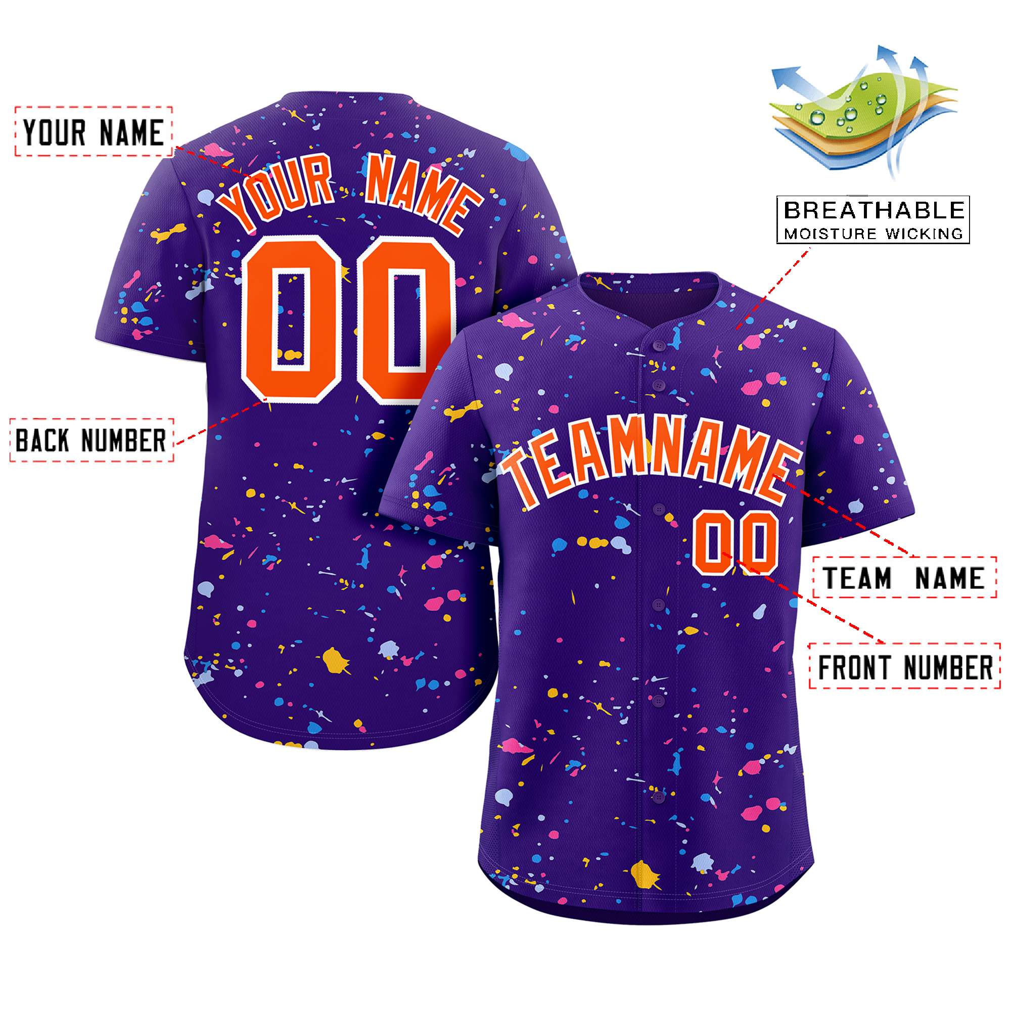 Custom Purple Orange-White Splash Graffiti Pattern Authentic Baseball Jersey