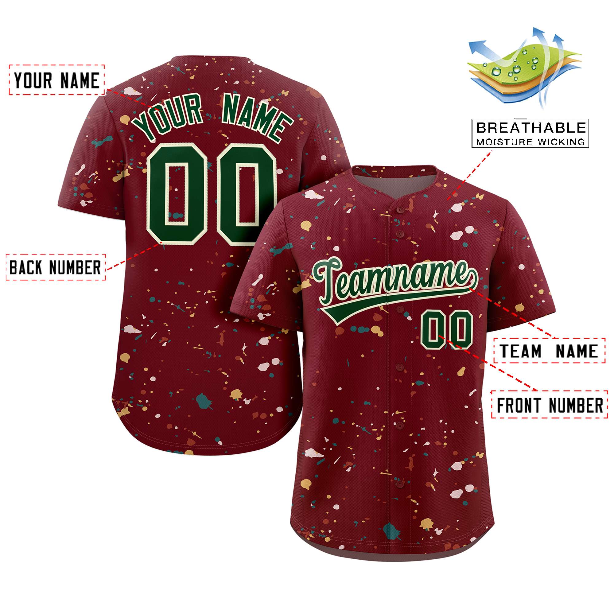 Custom Crimson Green-Cream Splash Graffiti Pattern Authentic Baseball Jersey