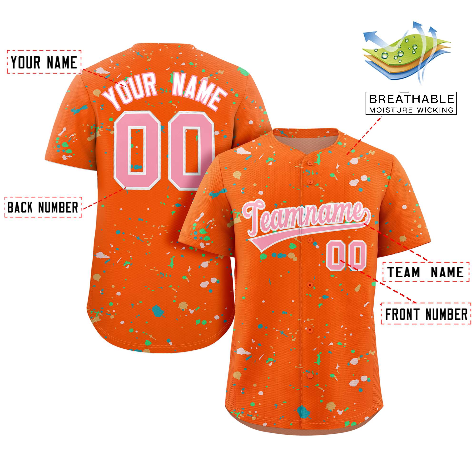 Custom Orange Pink-White Splash Graffiti Pattern Authentic Baseball Jersey