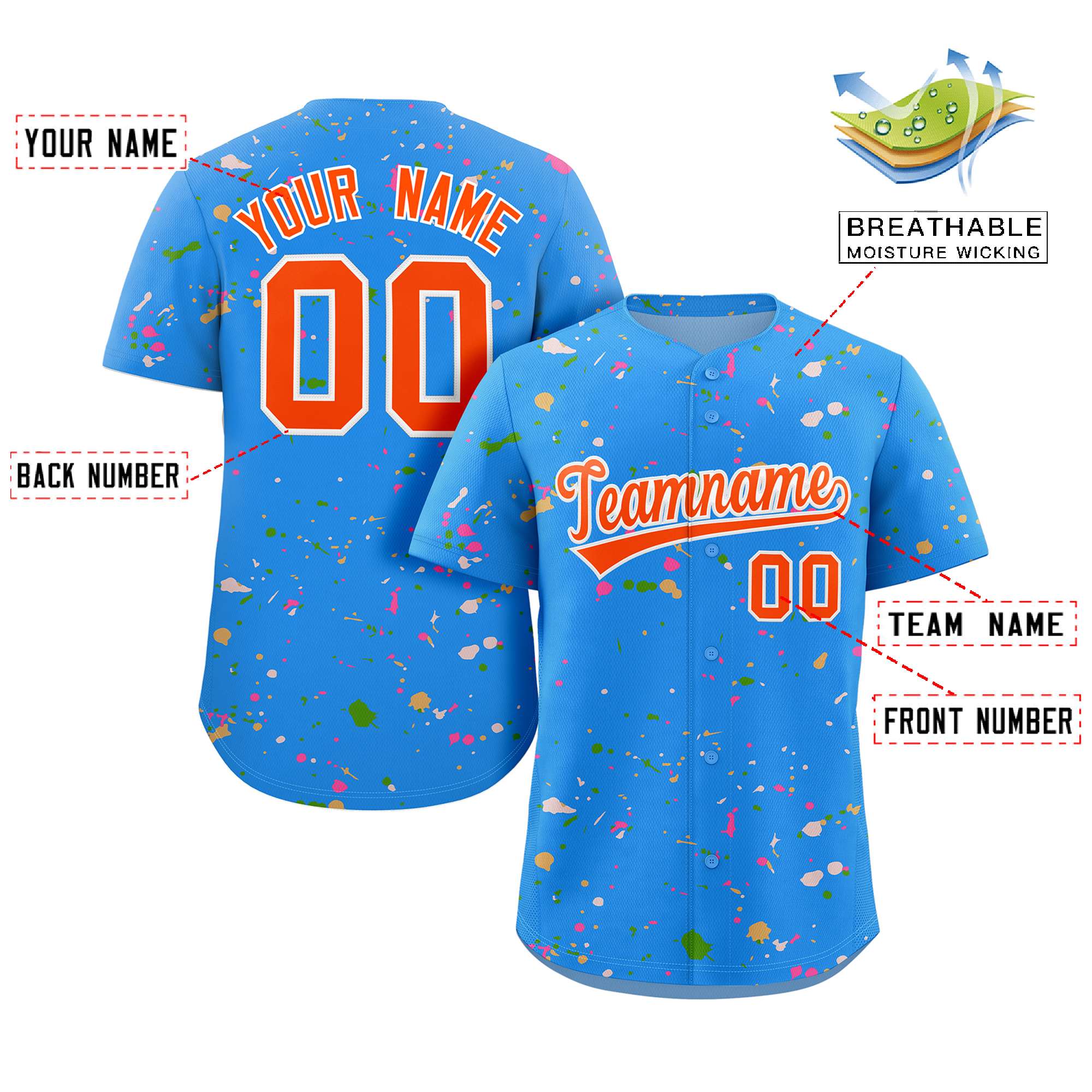 Custom Powder Blue Orange-White Splash Graffiti Pattern Authentic Baseball Jersey