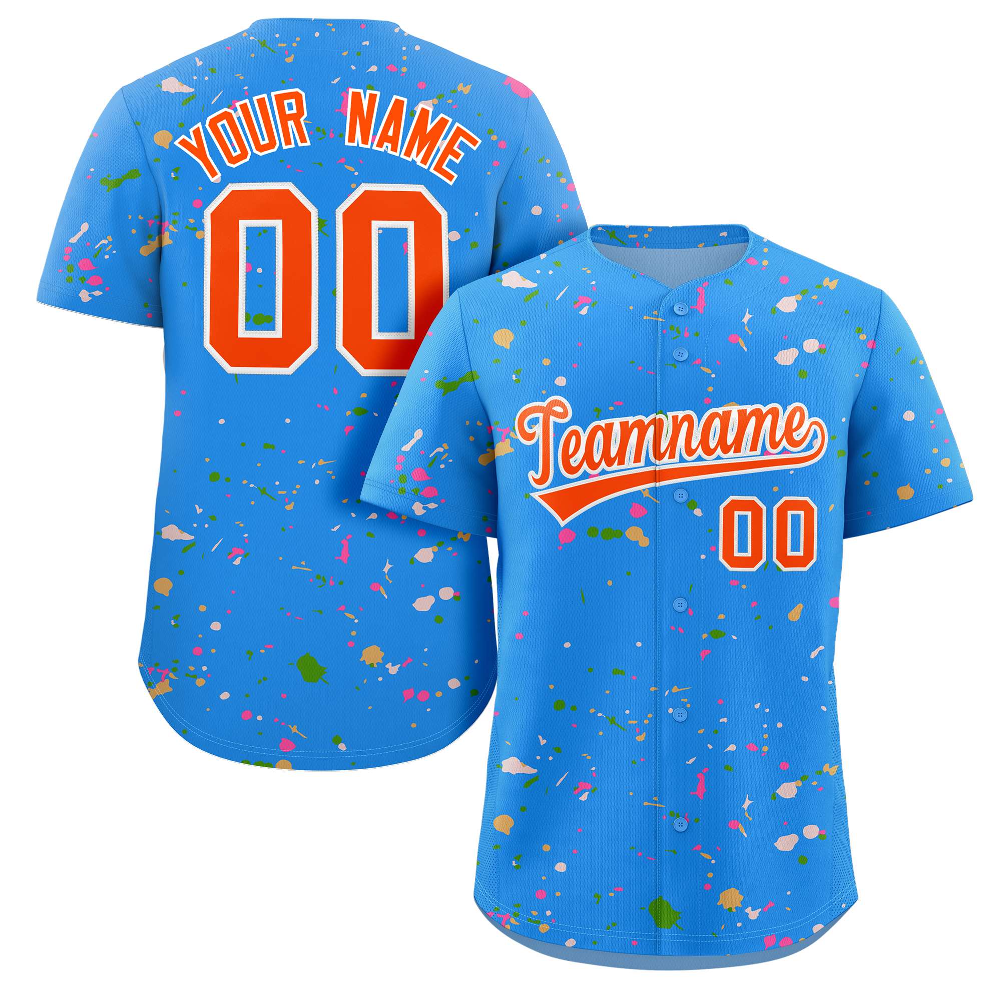 Custom Powder Blue Orange-White Splash Graffiti Pattern Authentic Baseball Jersey