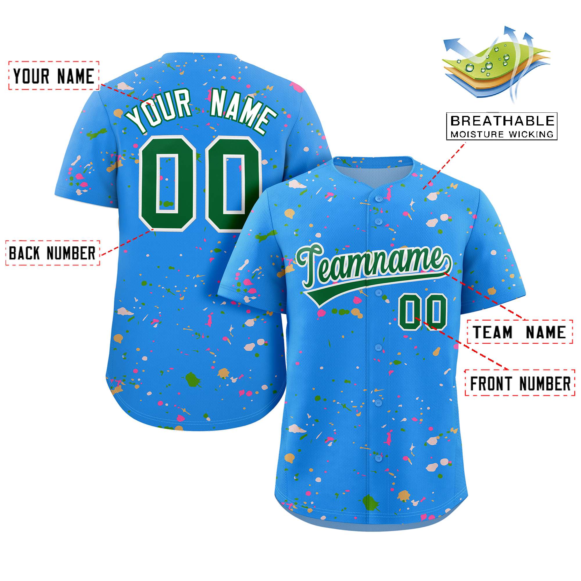 Custom Powder Blue Kelly Green-White Splash Graffiti Pattern Authentic Baseball Jersey