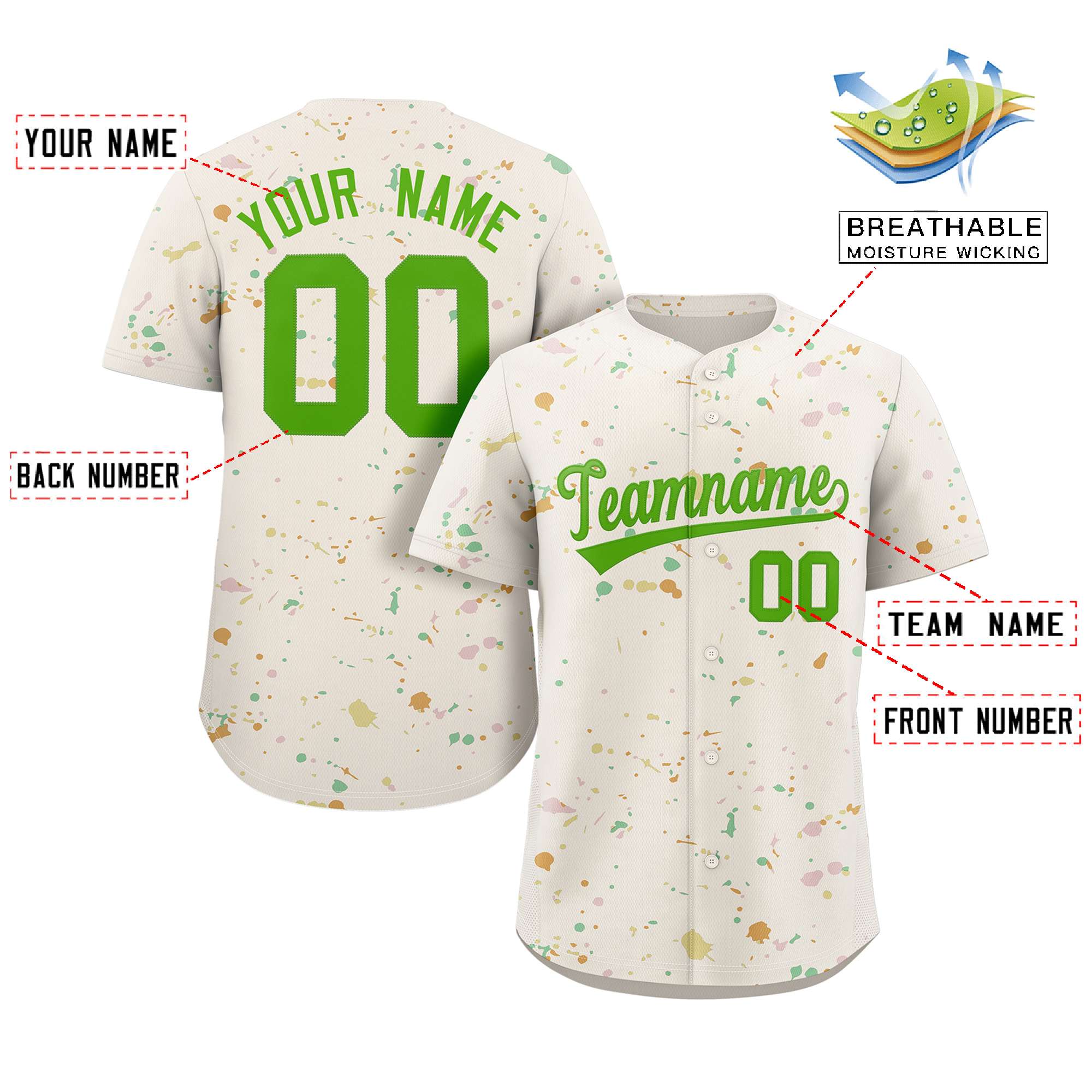 Custom Cream Neon Green Splash Graffiti Pattern Authentic Baseball Jersey