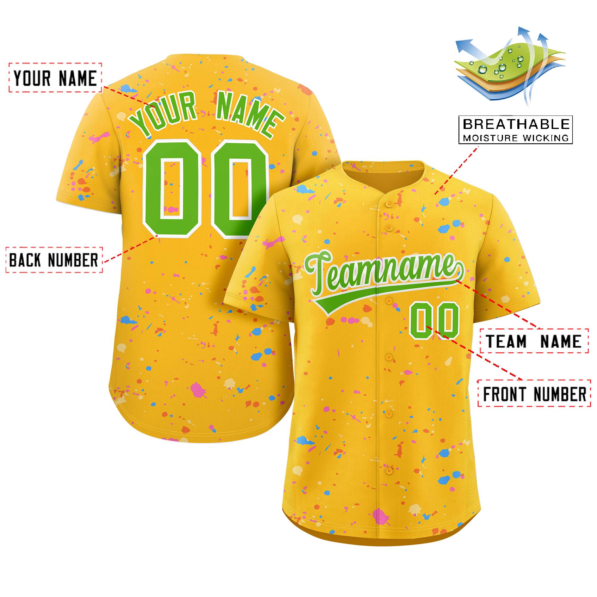 Custom Gold Neon Green-White Splash Graffiti Pattern Authentic Baseball Jersey