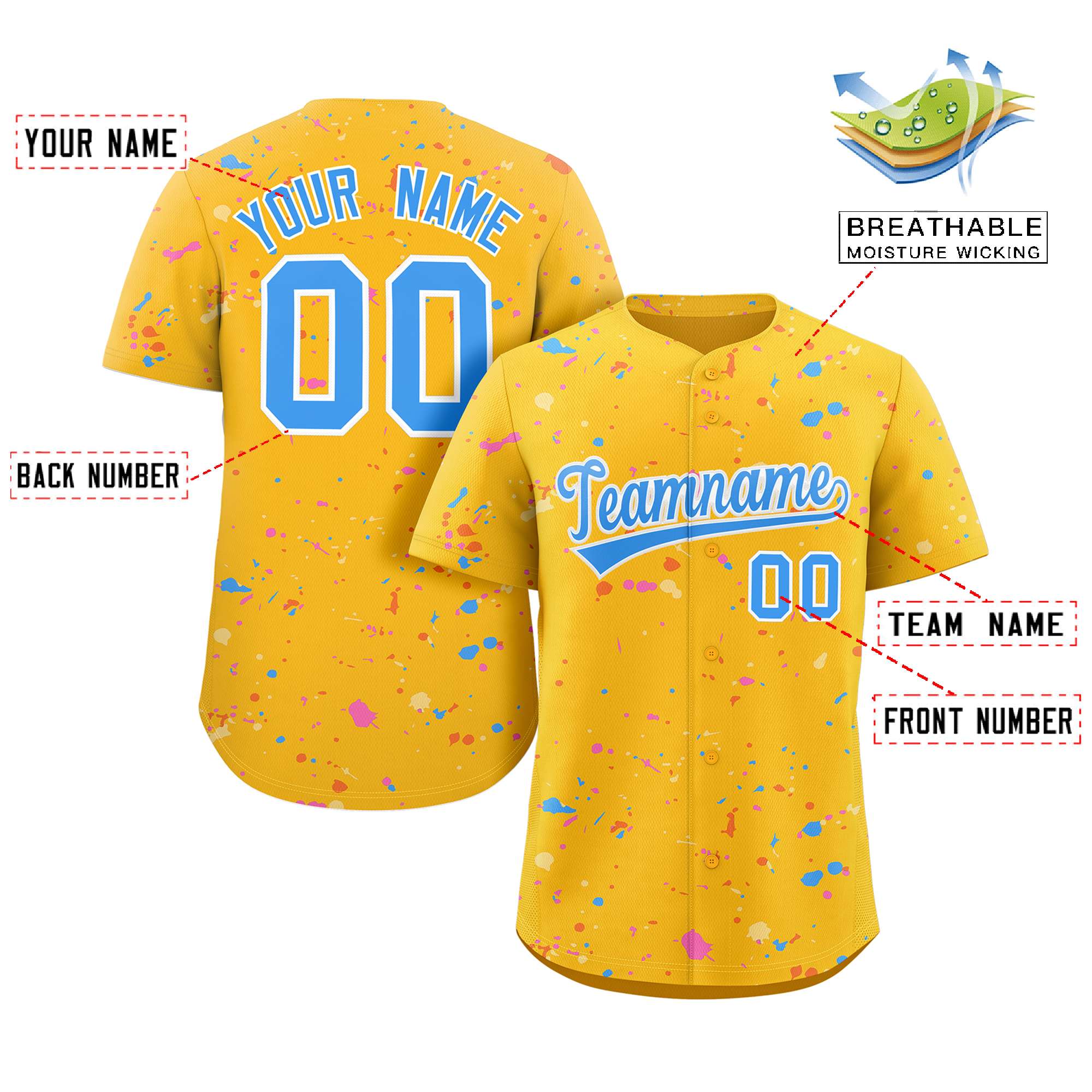 Custom Gold Powder Blue-White Splash Graffiti Pattern Authentic Baseball Jersey