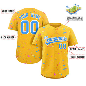 Custom Gold Powder Blue-White Splash Graffiti Pattern Authentic Baseball Jersey