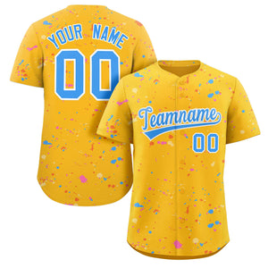 Custom Gold Powder Blue-White Splash Graffiti Pattern Authentic Baseball Jersey