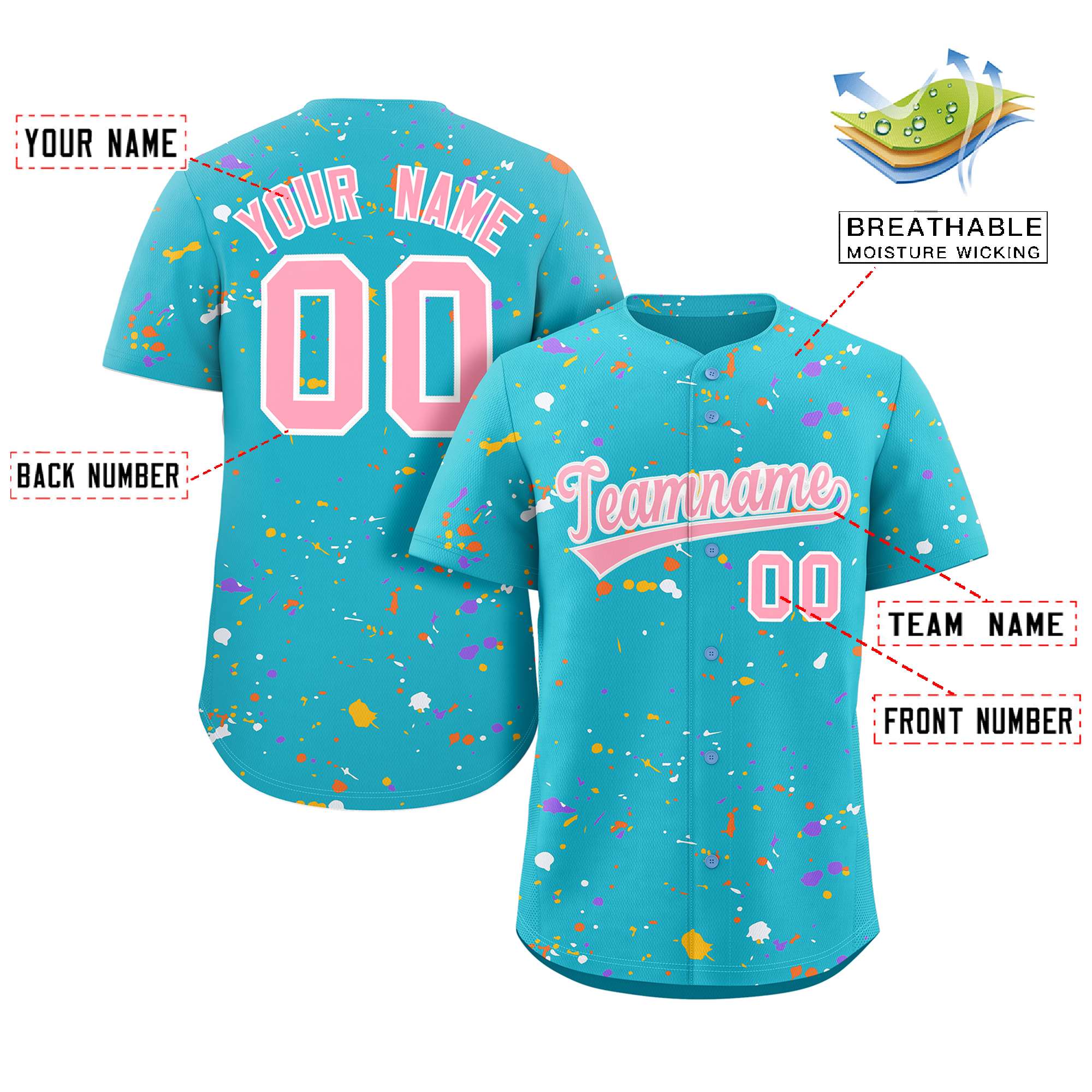 Custom Light Blue Pink-White Splash Graffiti Pattern Authentic Baseball Jersey