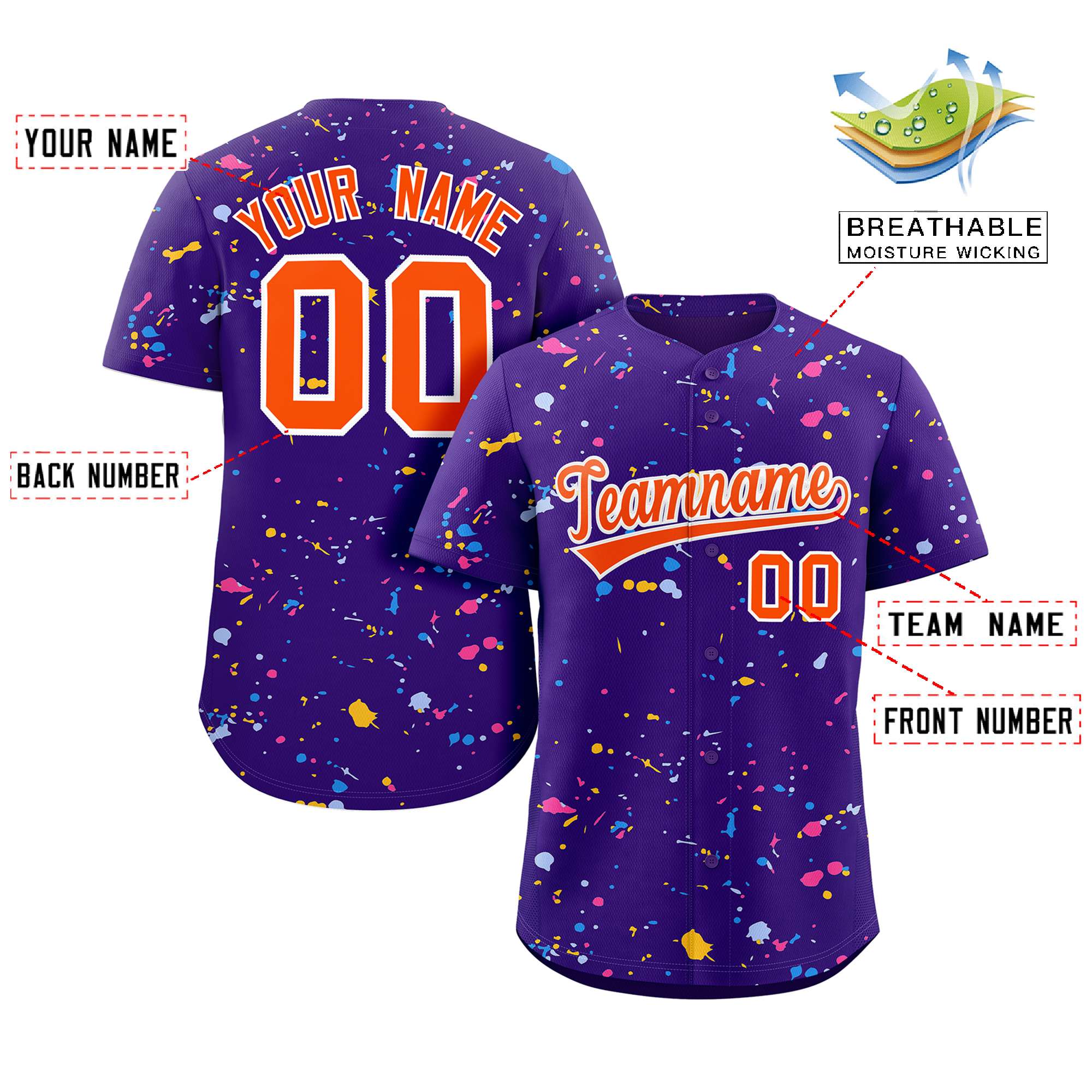 Custom Purple Orange-White Splash Graffiti Pattern Authentic Baseball Jersey