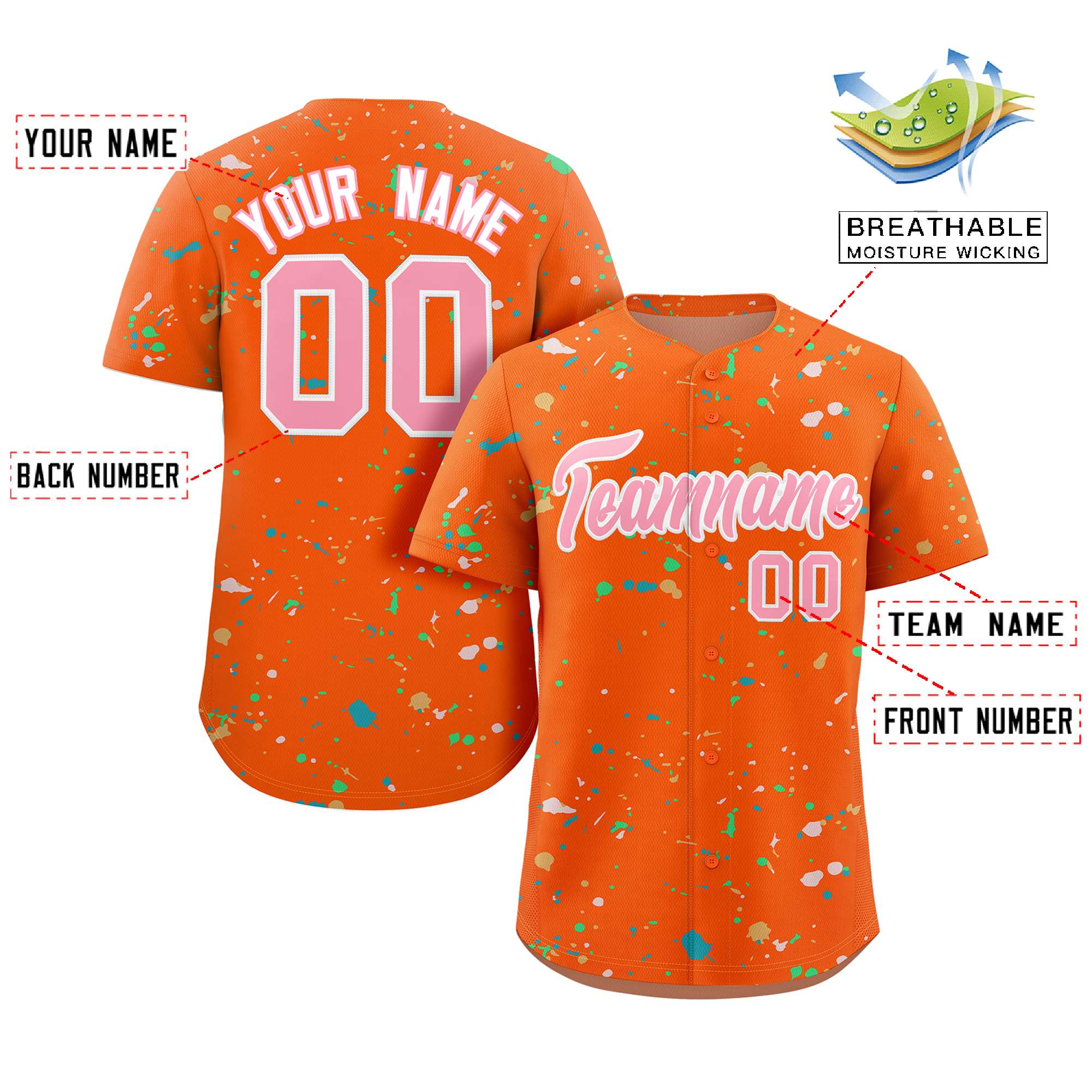 Custom Orange Pink-White Splash Graffiti Pattern Authentic Baseball Jersey