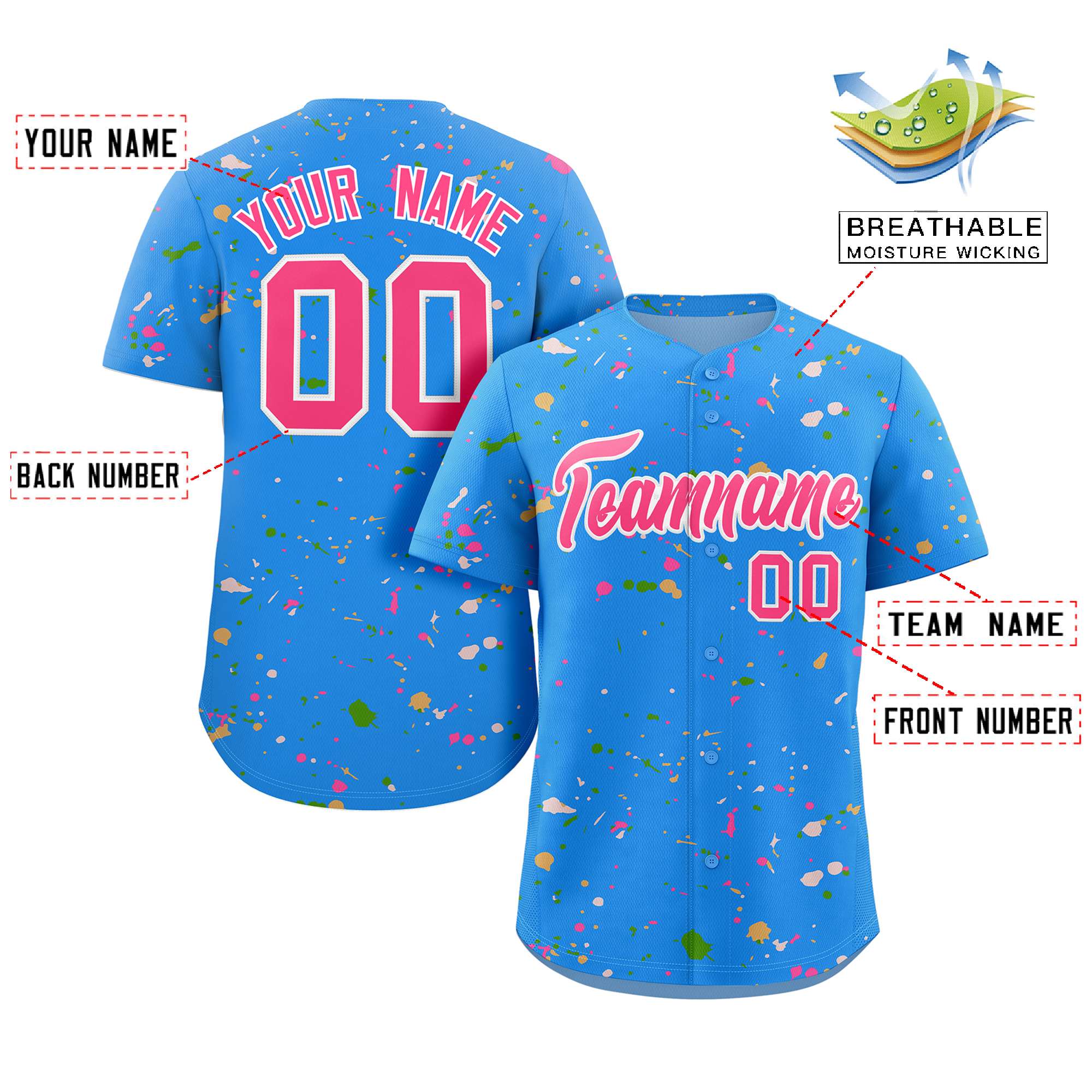 Custom Powder Blue Pink-White Splash Graffiti Pattern Authentic Baseball Jersey