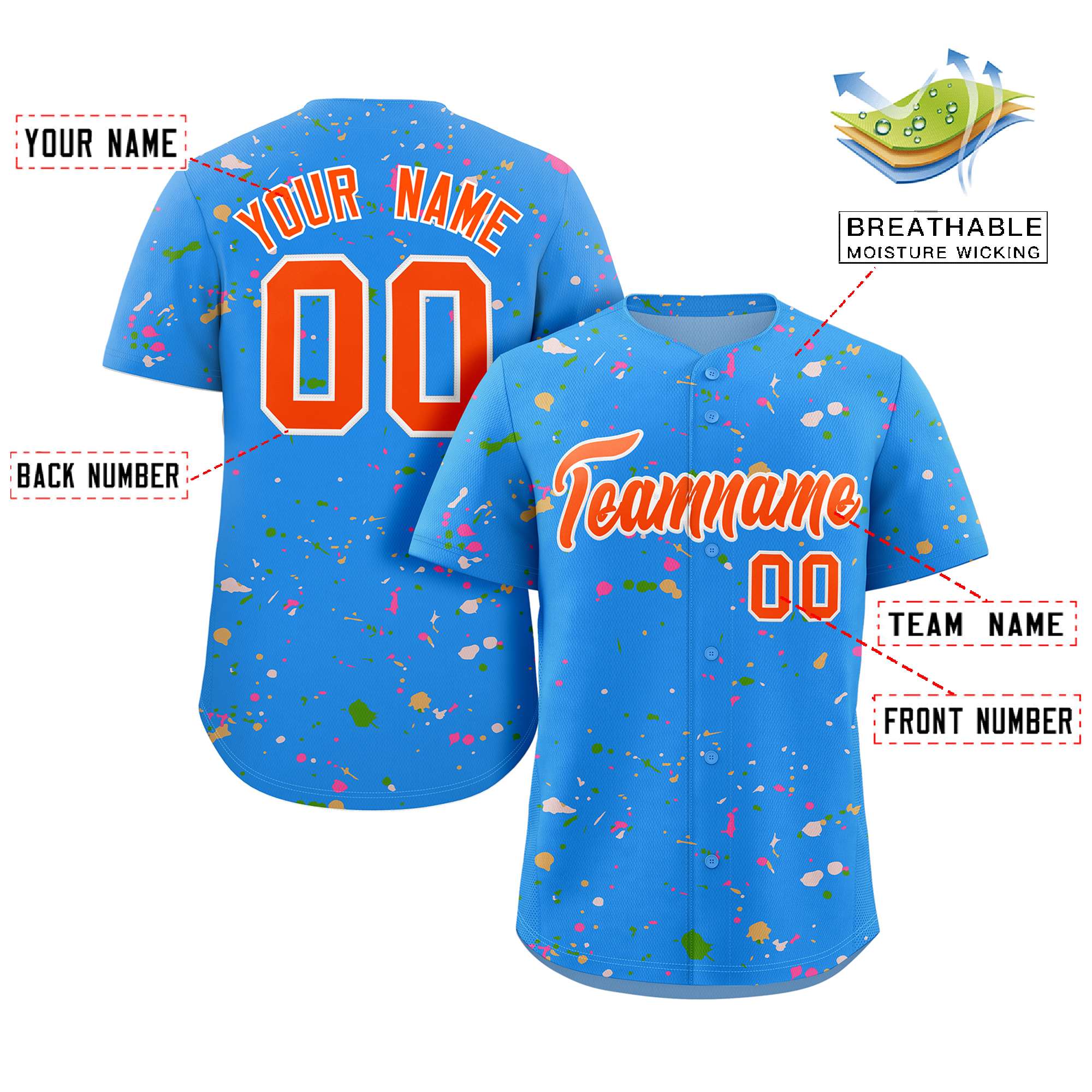 Custom Powder Blue Orange-White Splash Graffiti Pattern Authentic Baseball Jersey