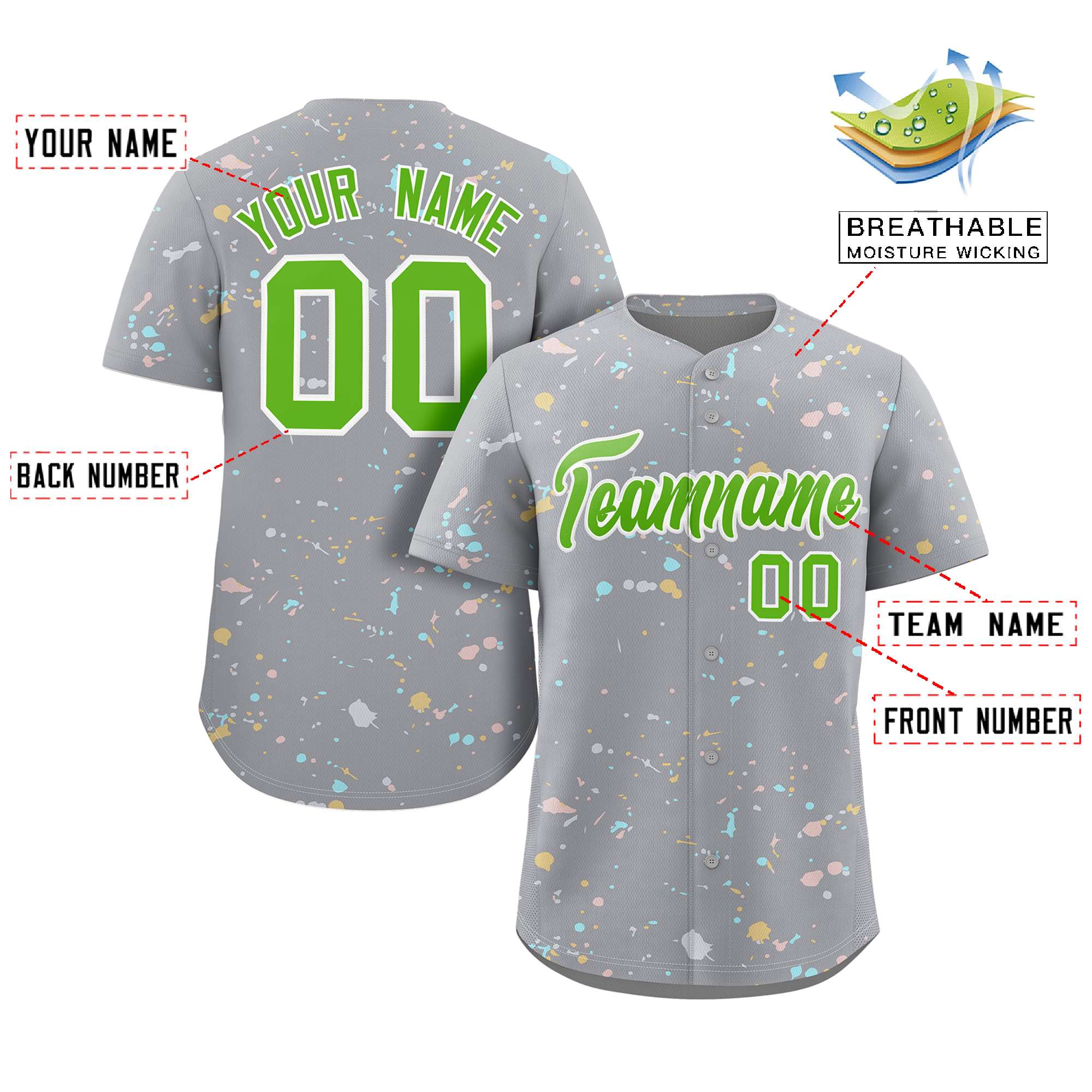 Custom Gray Neon Green-White Splash Graffiti Pattern Authentic Baseball Jersey