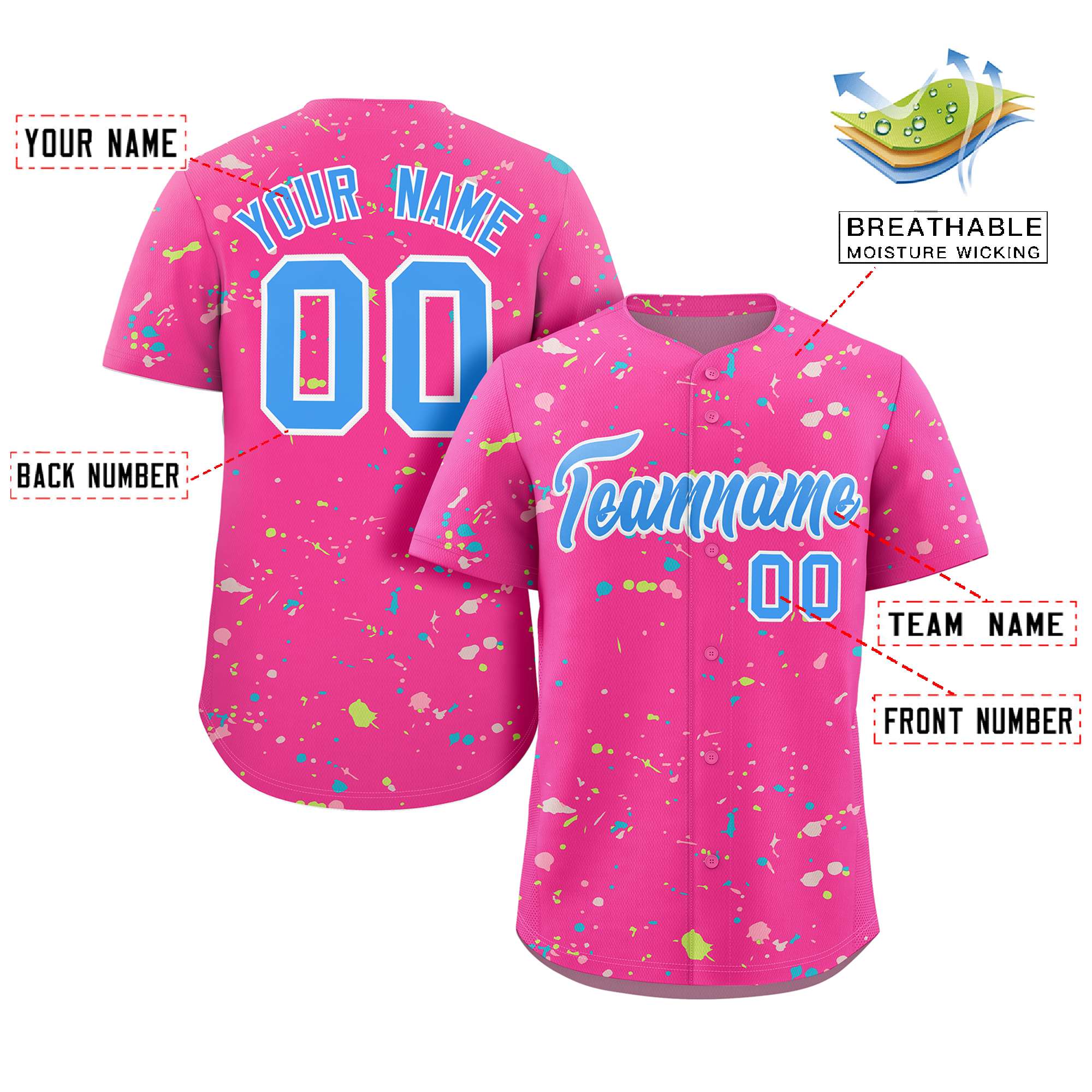 Custom Pink Powder Blue-White Splash Graffiti Pattern Authentic Baseball Jersey