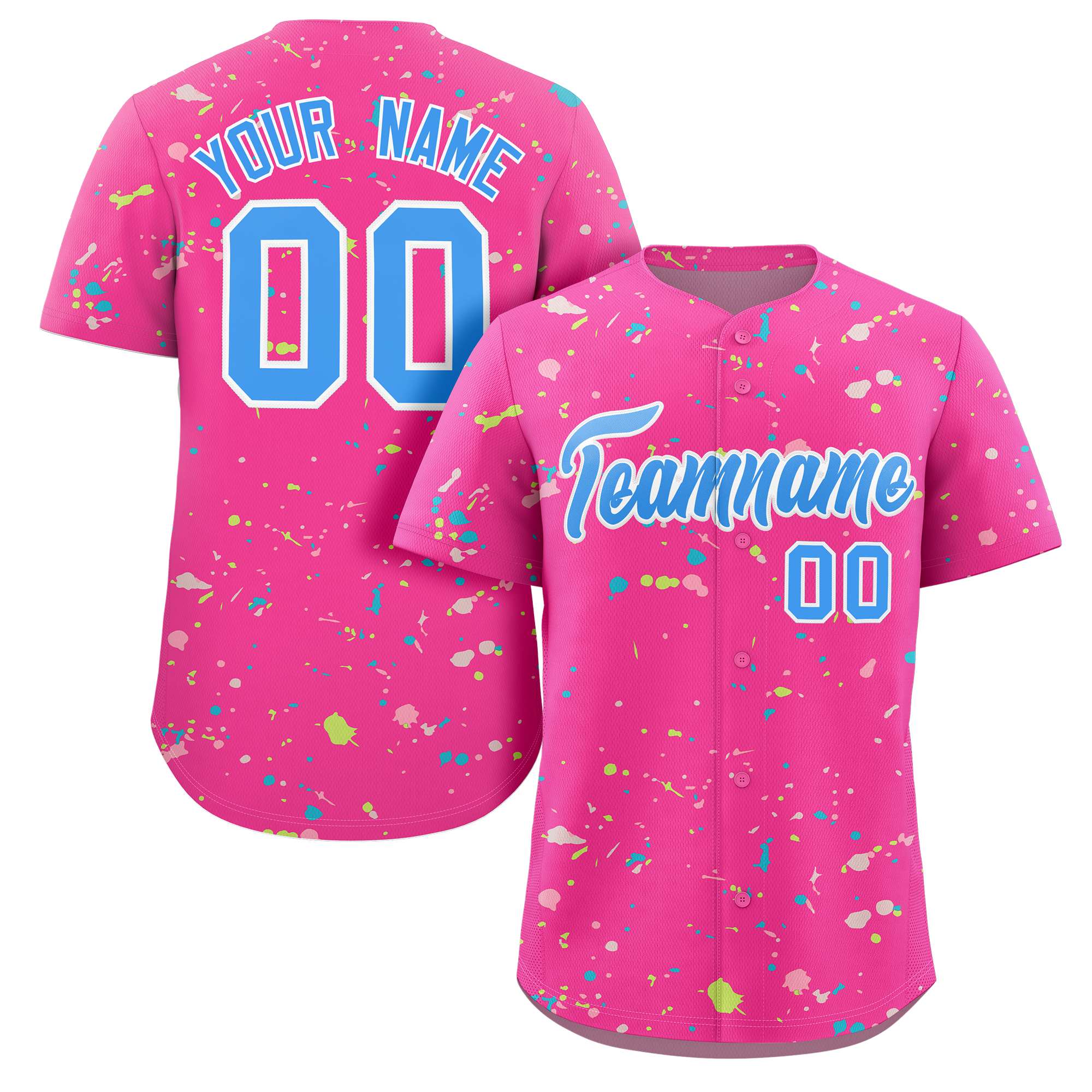 Custom Pink Powder Blue-White Splash Graffiti Pattern Authentic Baseball Jersey