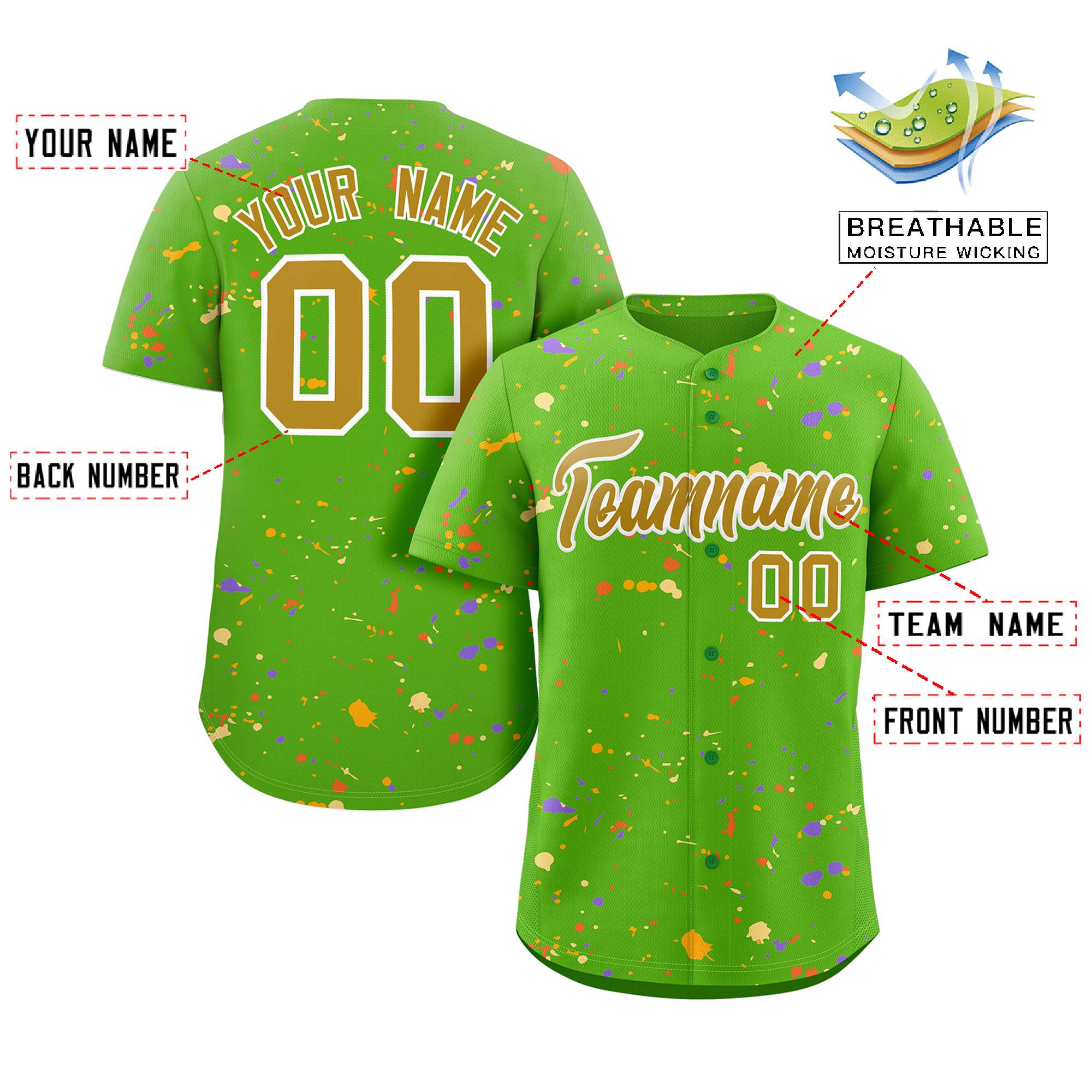 Custom Green Old Gold-White Splash Graffiti Pattern Authentic Baseball Jersey