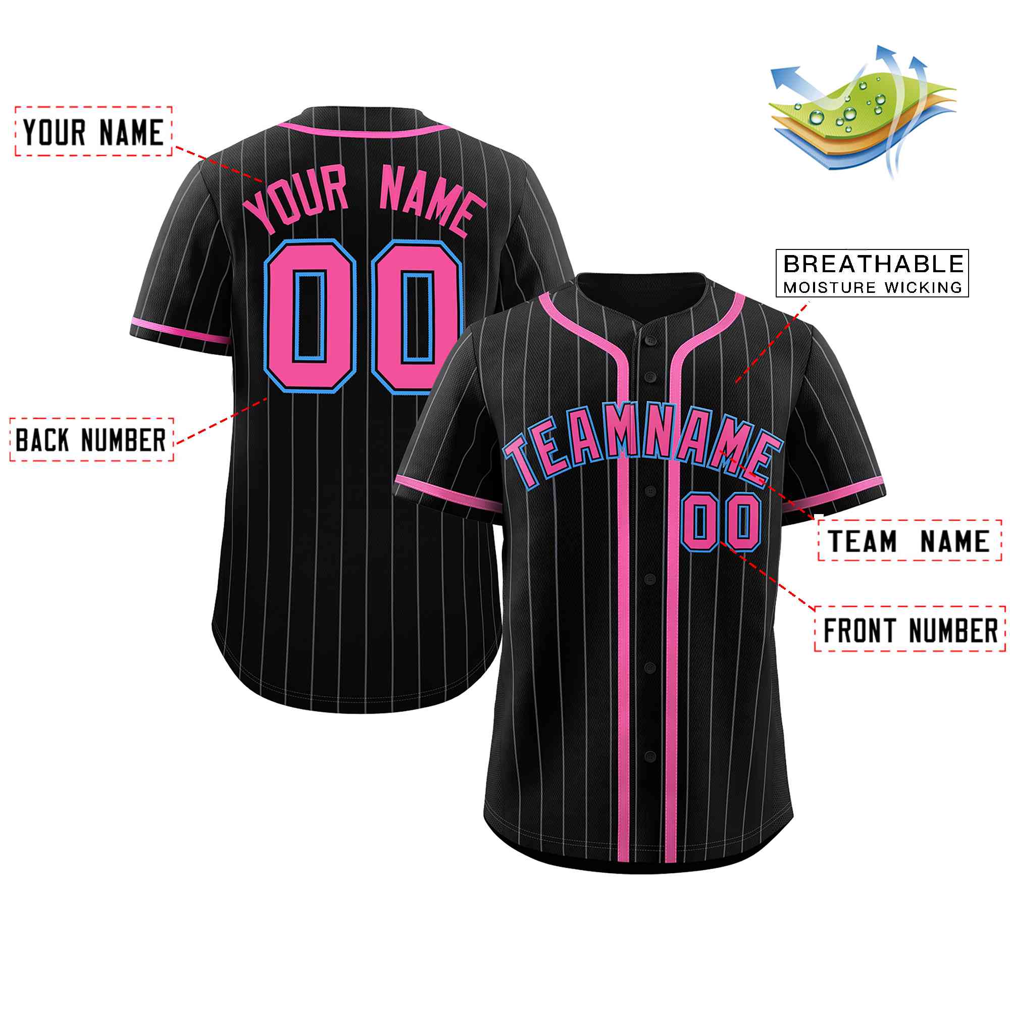 Custom Black Pink-Gray Stripe Fashion Design Full Button Authentic Baseball Jersey