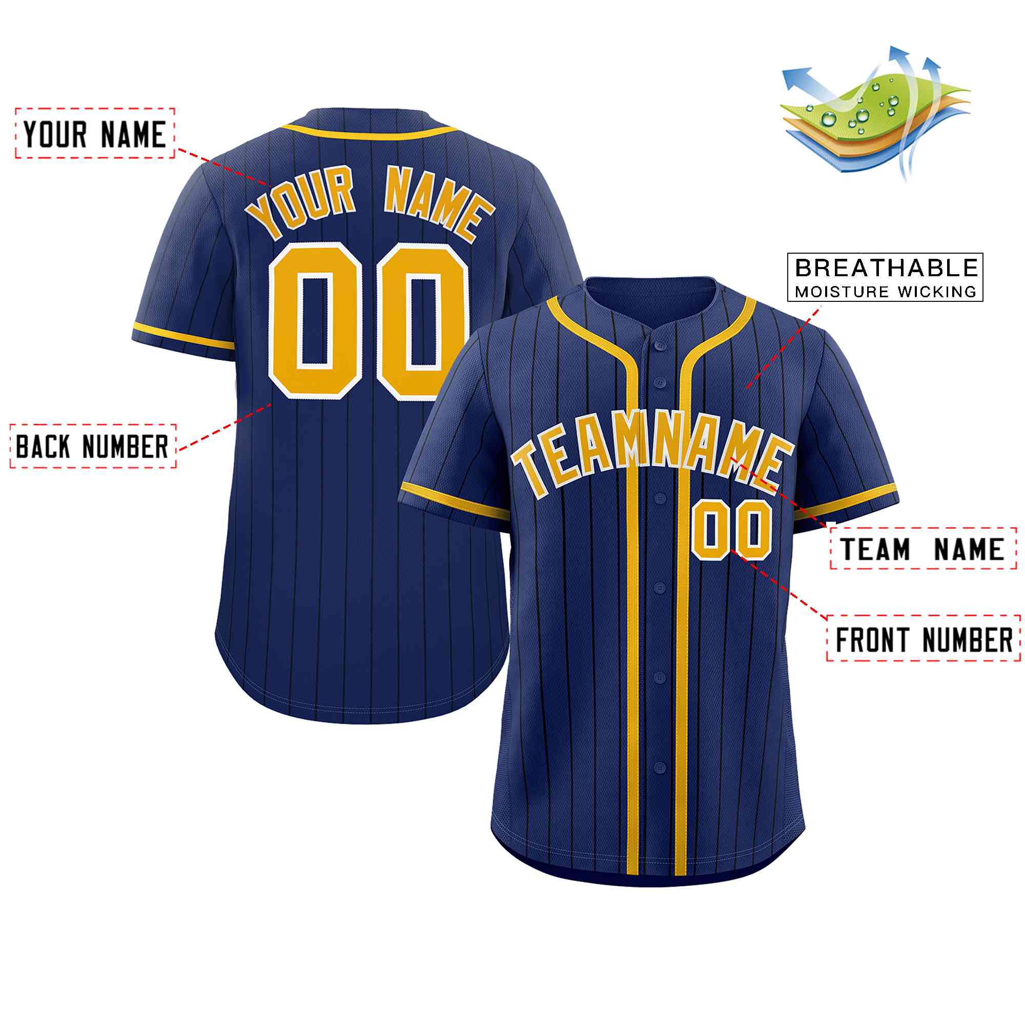 Custom Navy Gold-Black Stripe Fashion Design Full Button Authentic Baseball Jersey