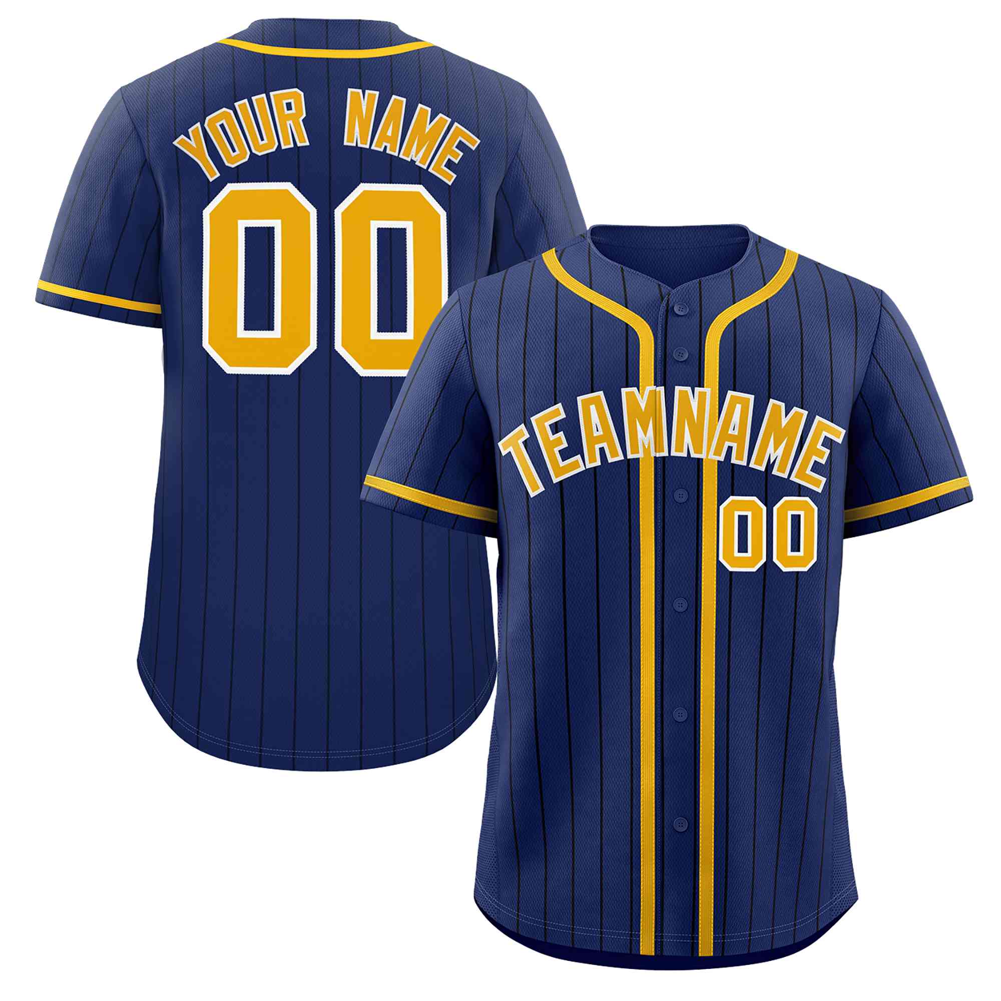 Custom Navy Gold-Black Stripe Fashion Design Full Button Authentic Baseball Jersey