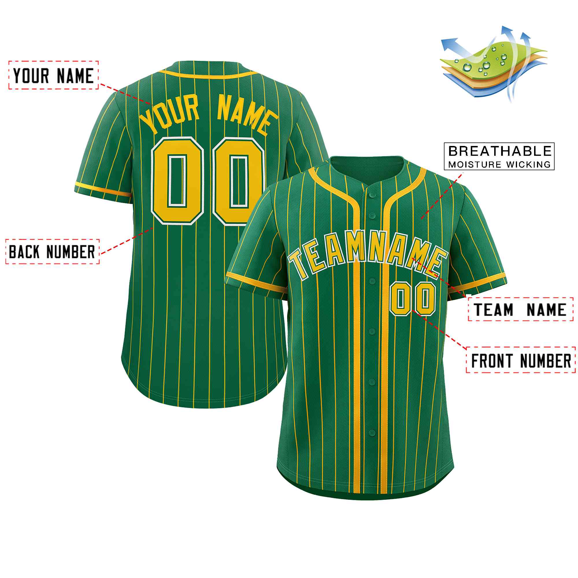 Custom Kelly Green Yellow Stripe Fashion Design Full Button Authentic Baseball Jersey