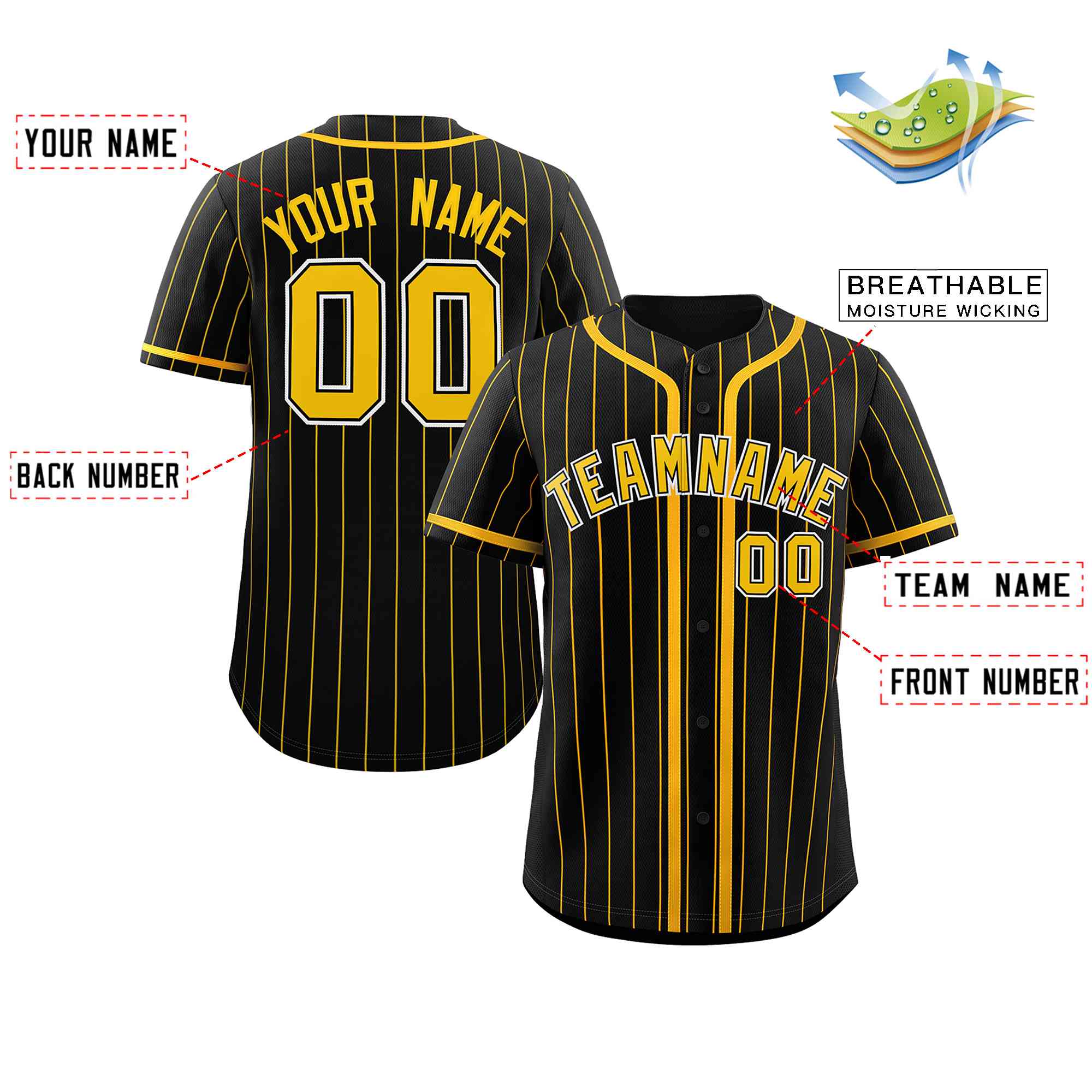 Custom Black Yellow Stripe Fashion Design Full Button Authentic Baseball Jersey