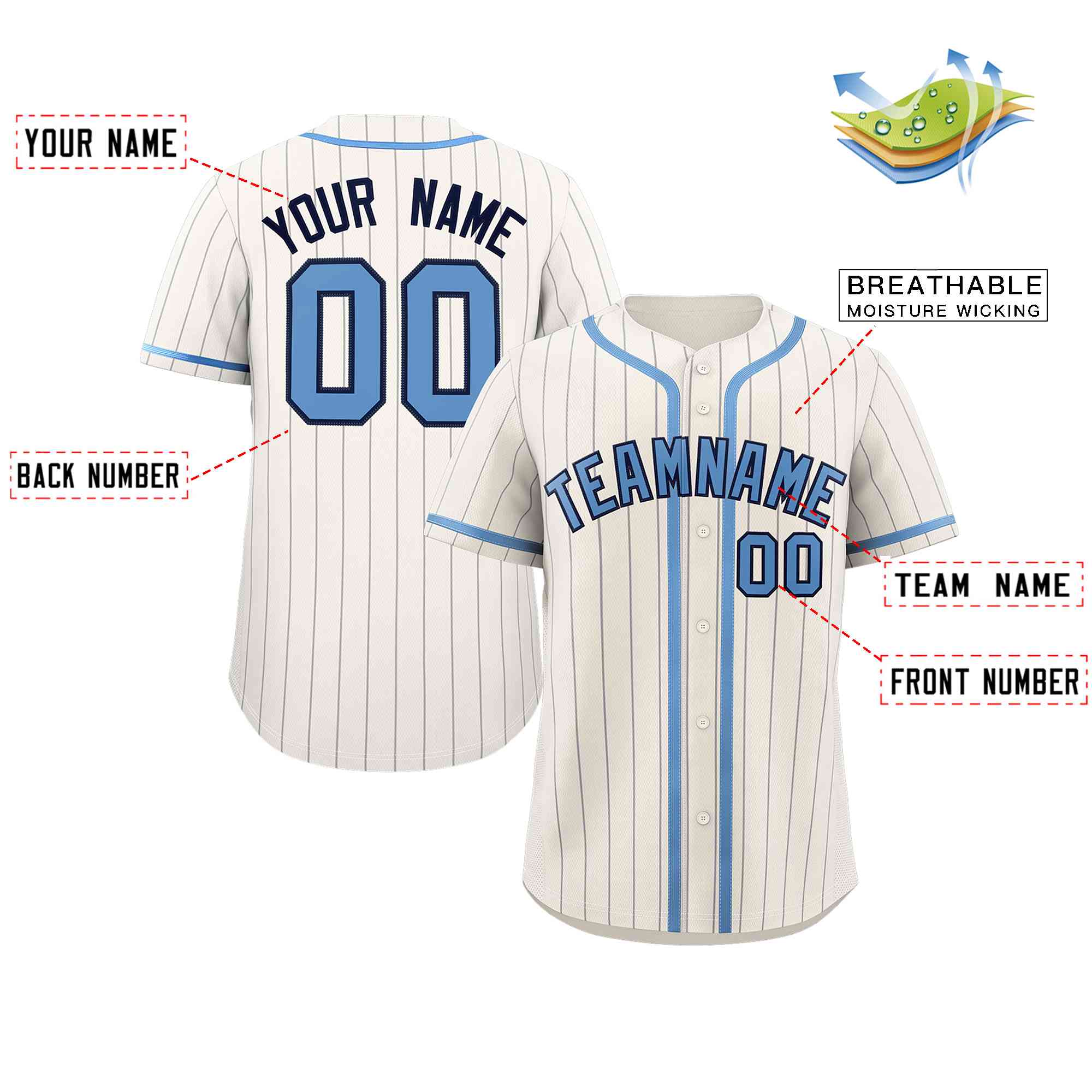 Custom Cream Light Blue-Light Gray Stripe Fashion Design Full Button Authentic Baseball Jersey