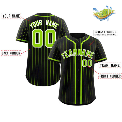 Custom Black Neon Green Stripe Fashion Design Full Button Authentic Baseball Jersey