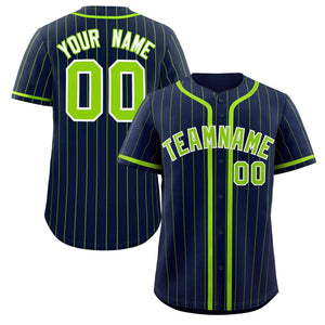 Custom Navy Neon Green Stripe Fashion Design Full Button Authentic Baseball Jersey