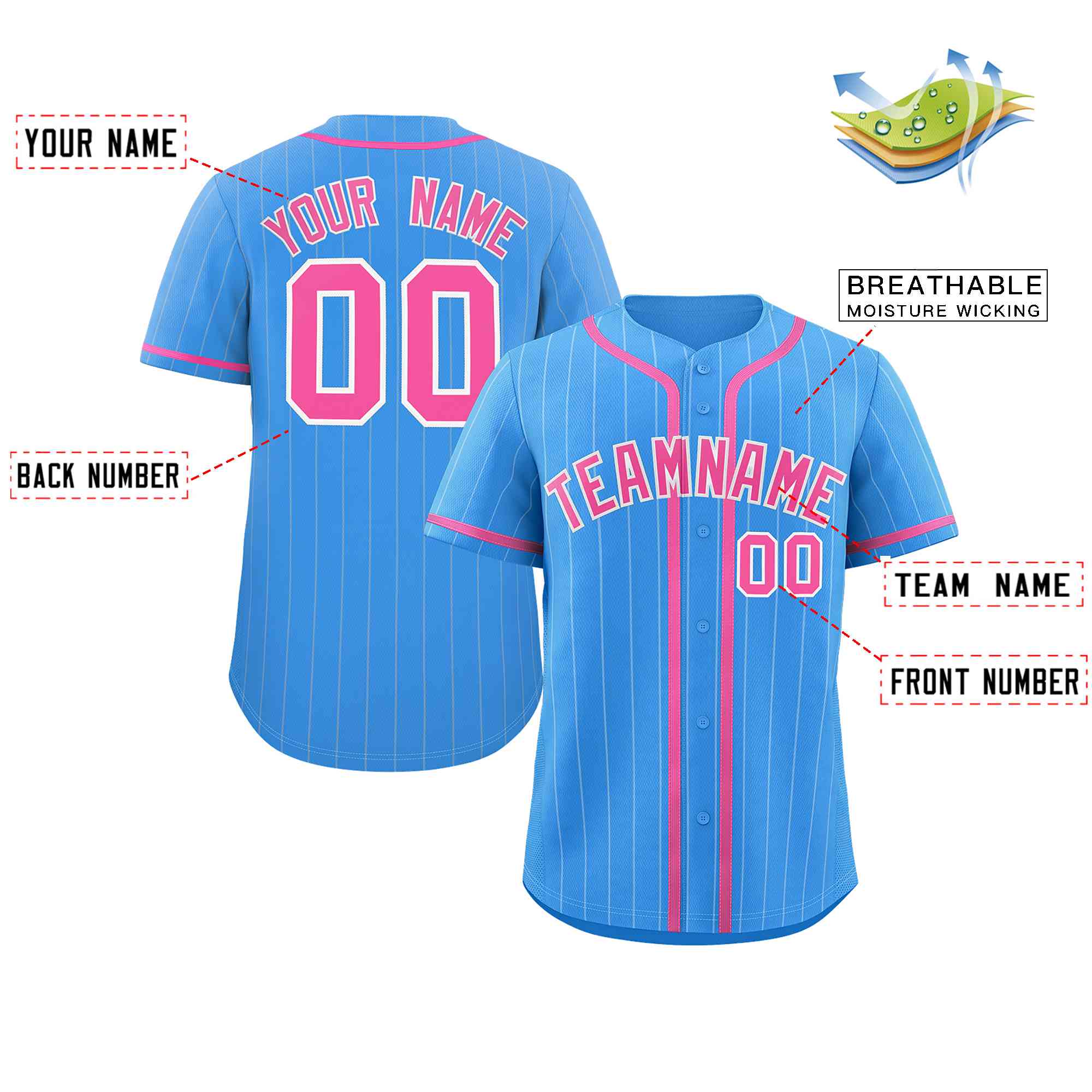 Custom Powder Blue Pink-White Stripe Fashion Design Full Button Authentic Baseball Jersey