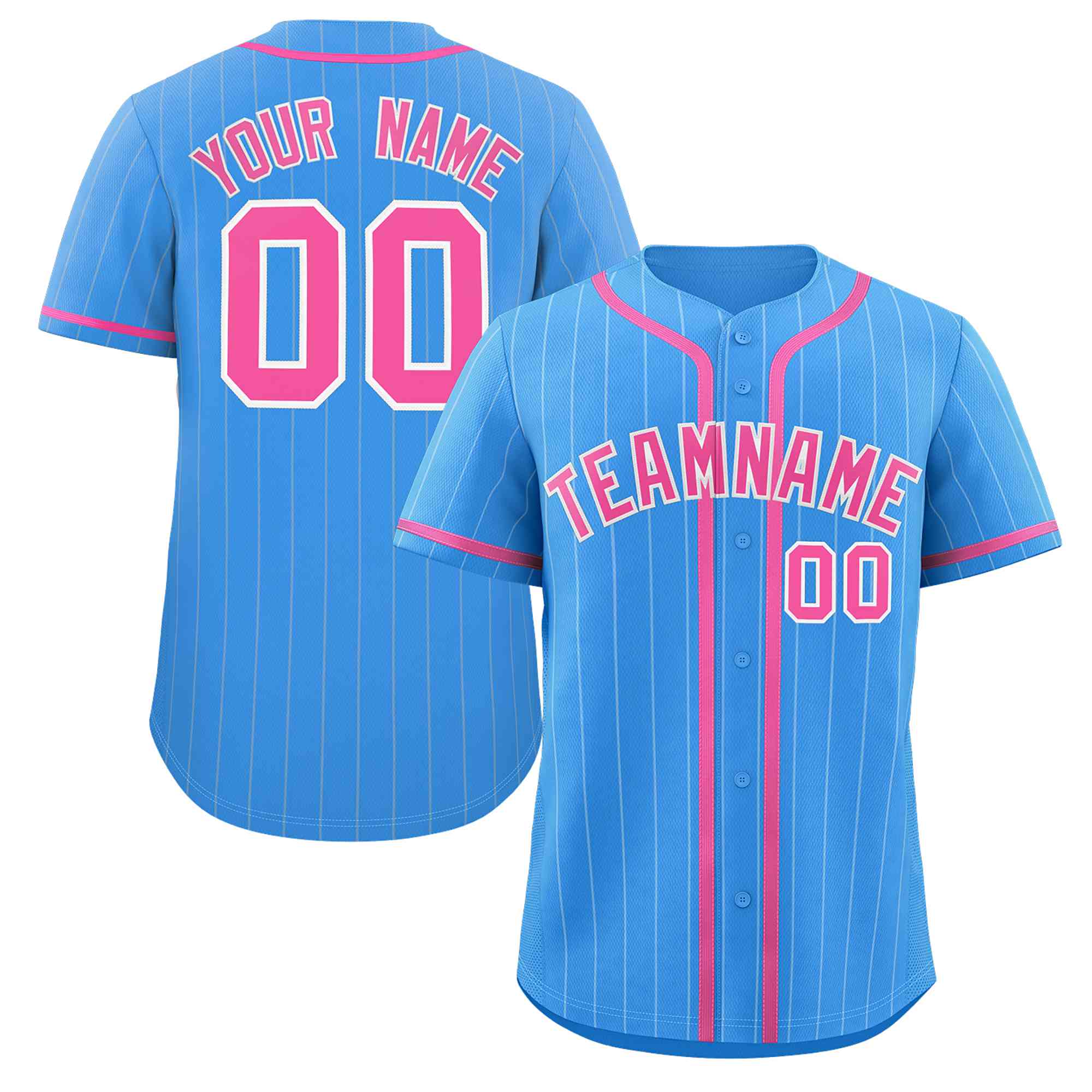 Custom Powder Blue Pink-White Stripe Fashion Design Full Button Authentic Baseball Jersey