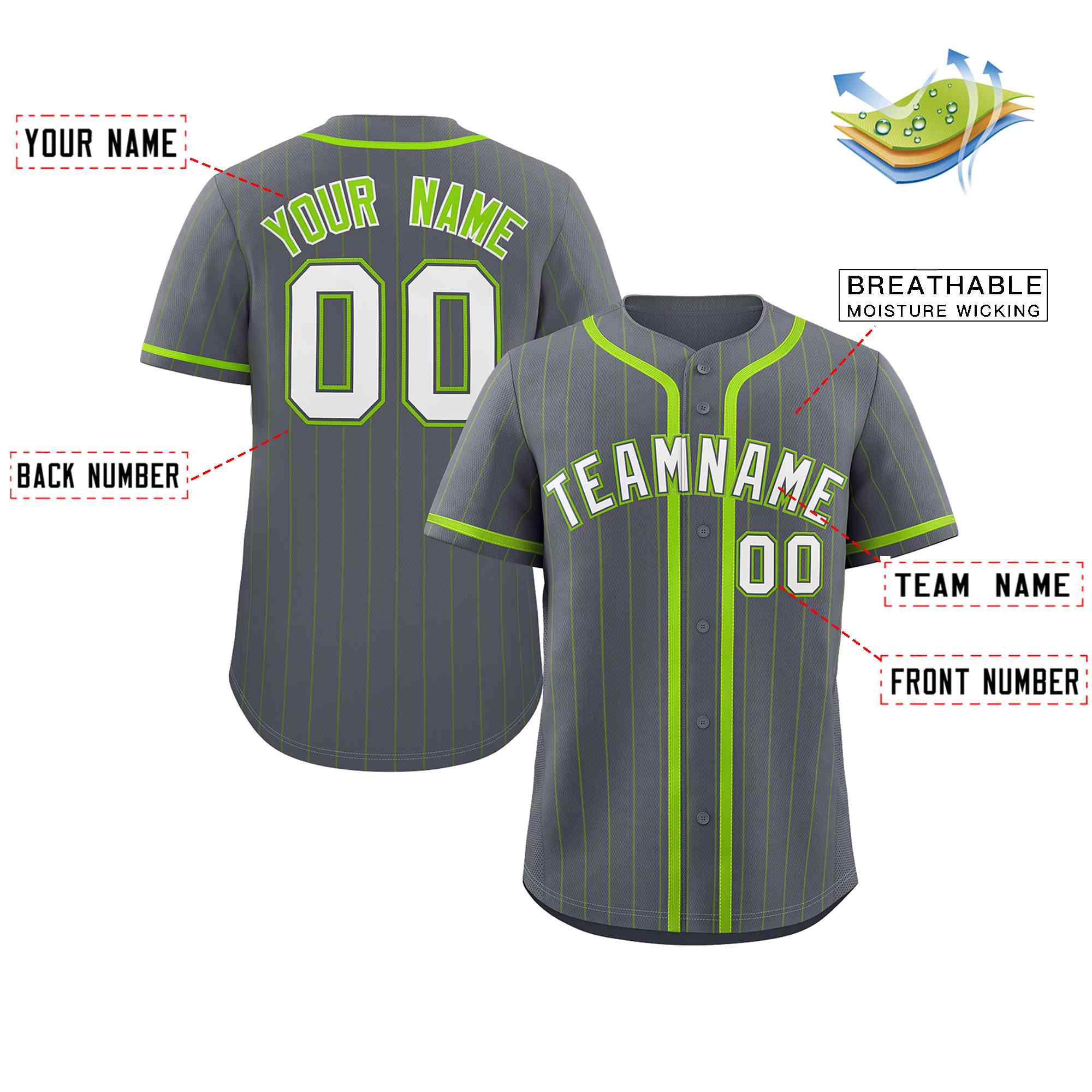 Custom Gray White-Neon Green Stripe Fashion Design Full Button Authentic Baseball Jersey