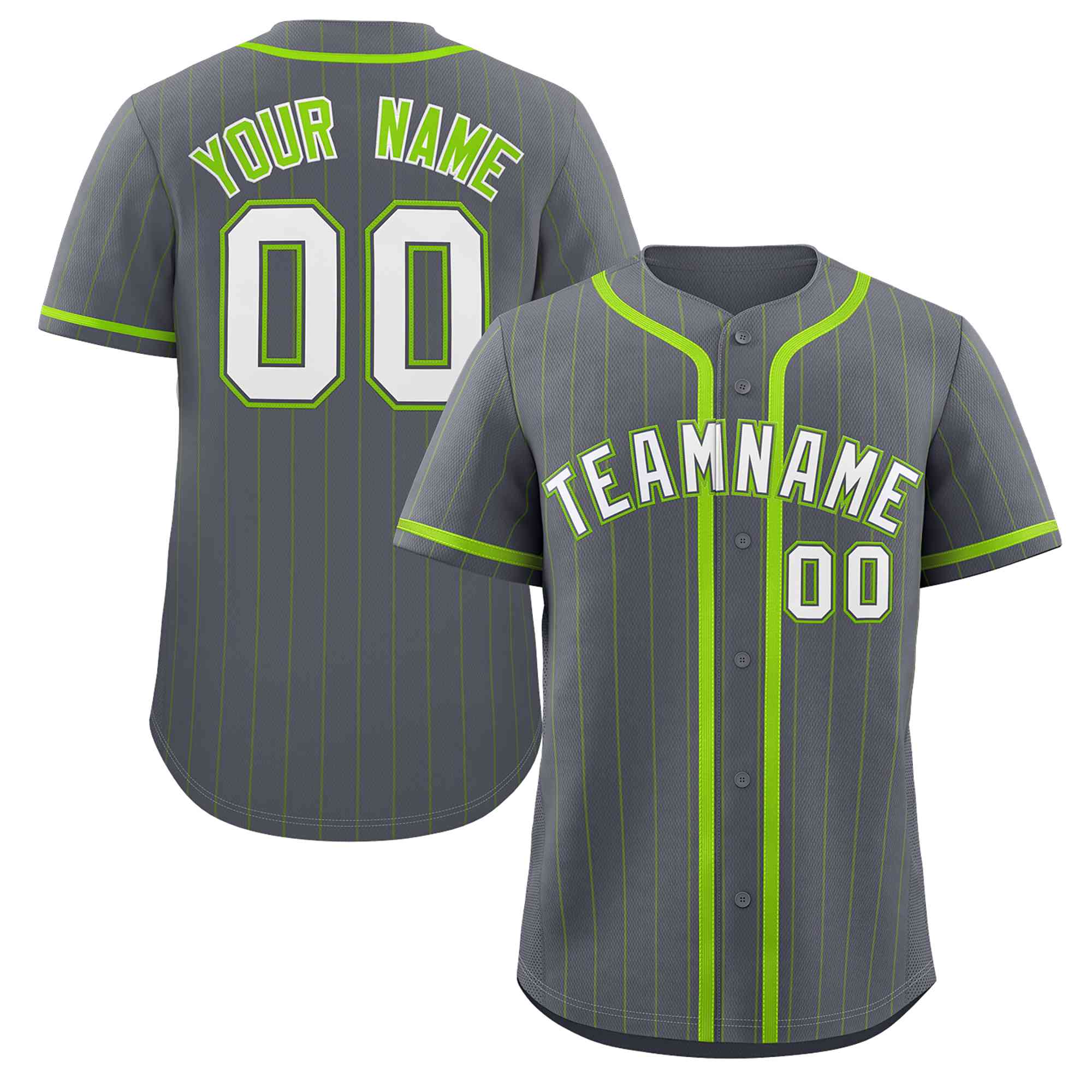 Custom Gray White-Neon Green Stripe Fashion Design Full Button Authentic Baseball Jersey