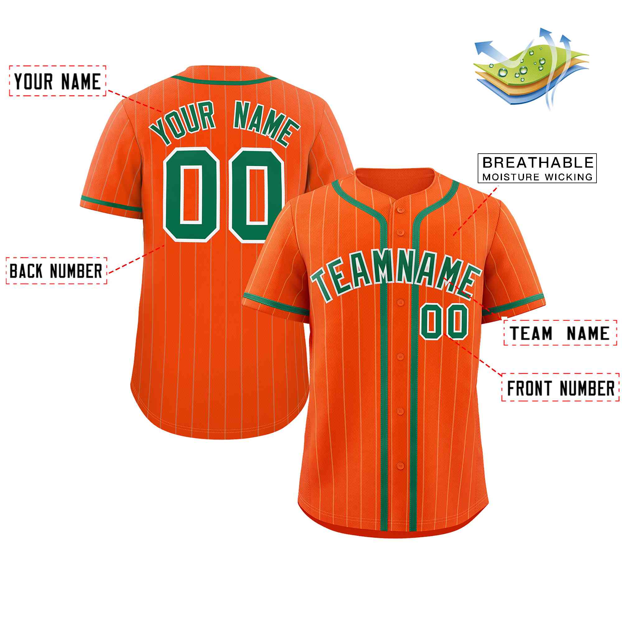 Custom Orange Kelly Green-White Stripe Fashion Design Full Button Authentic Baseball Jersey