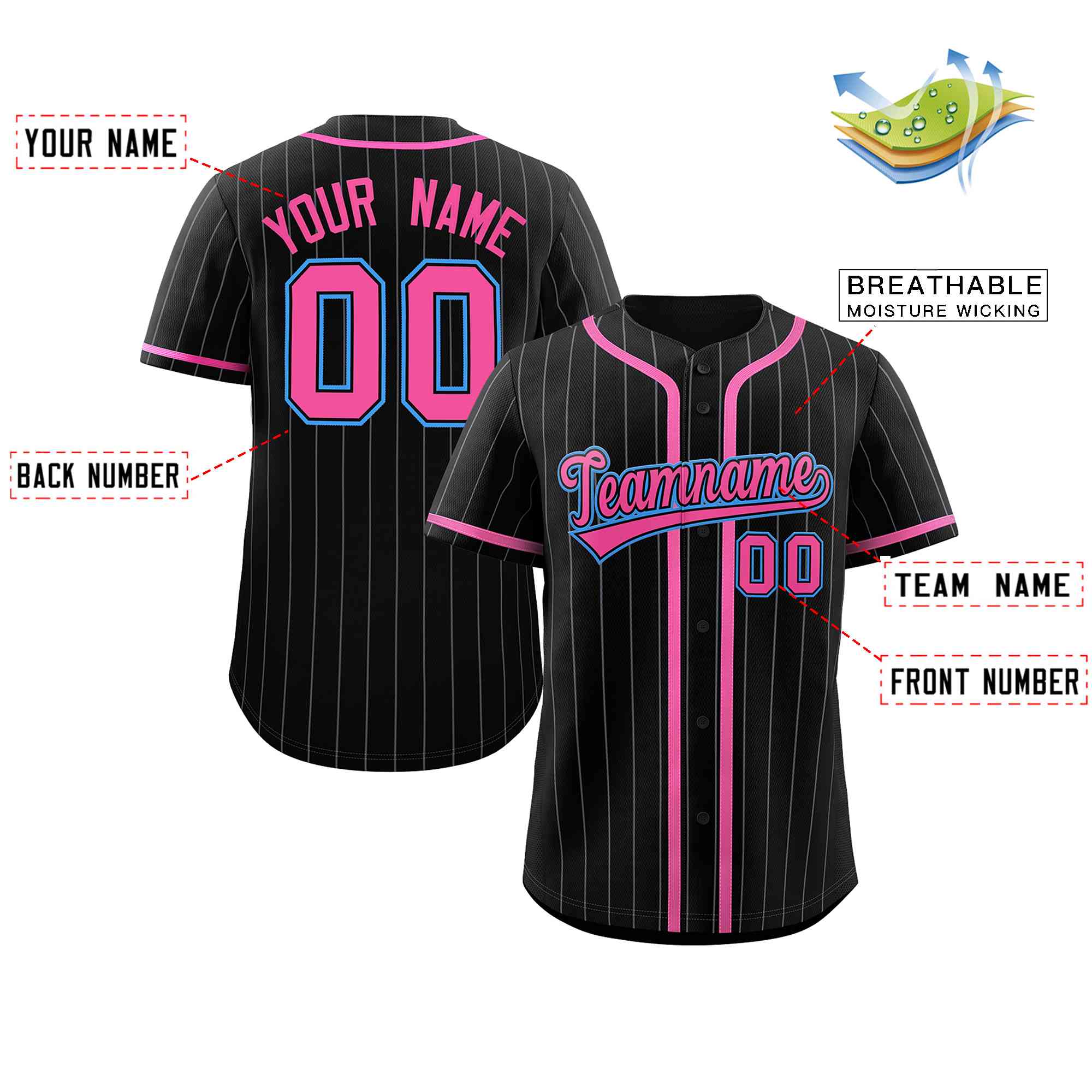 Custom Black Pink-Gray Stripe Fashion Design Full Button Authentic Baseball Jersey