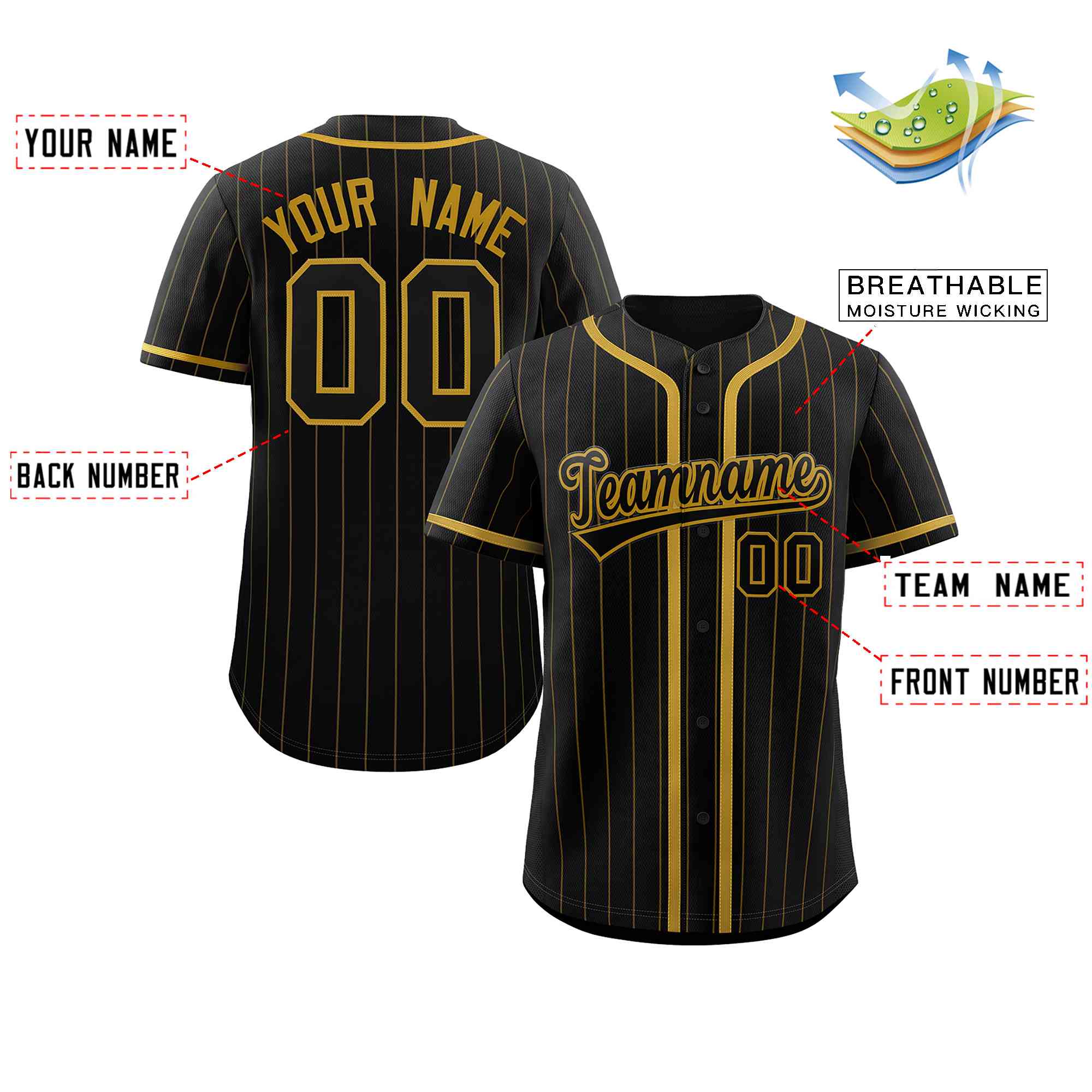 Custom Black Old Gold Stripe Fashion Design Full Button Authentic Baseball Jersey