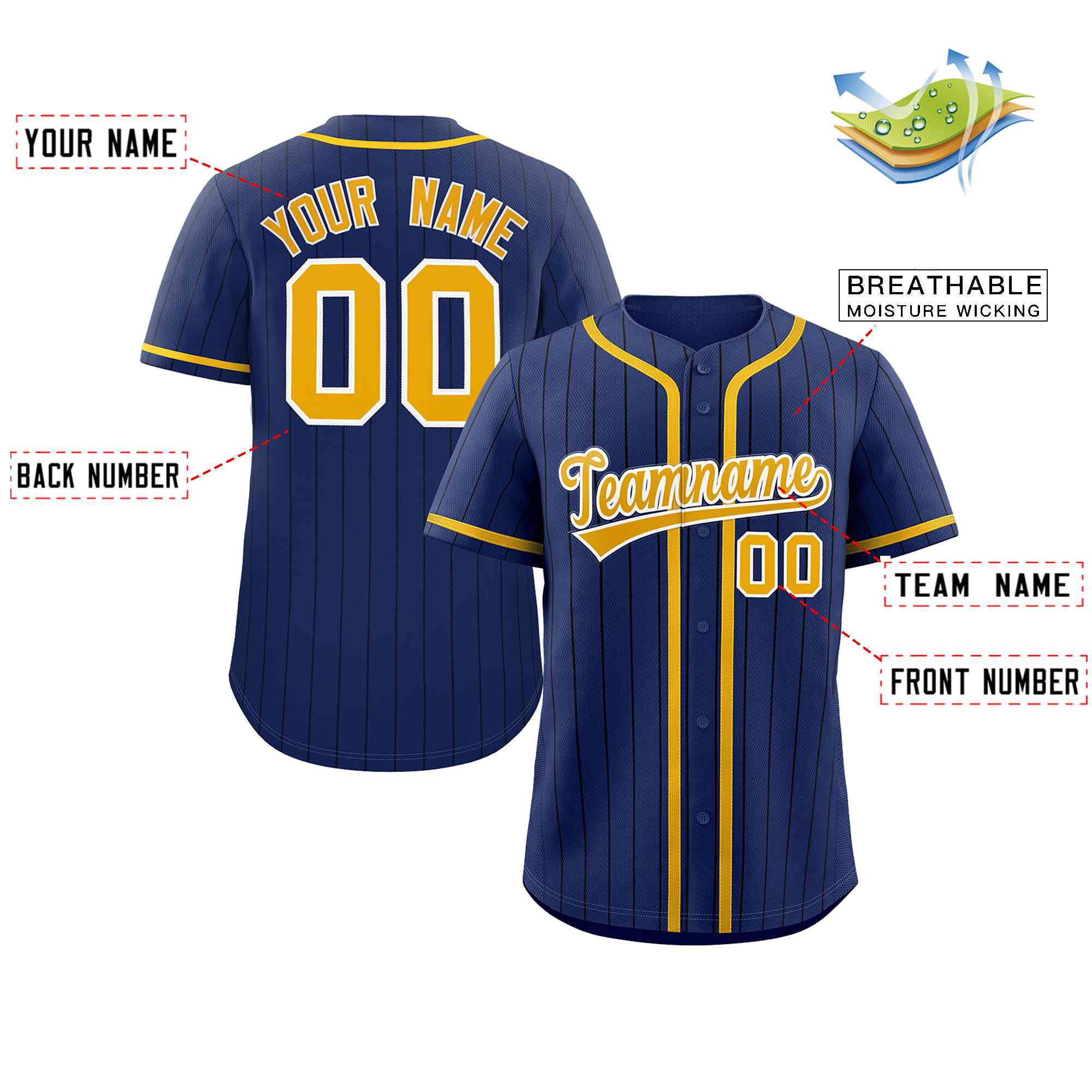 Custom Navy Gold-Black Stripe Fashion Design Full Button Authentic Baseball Jersey