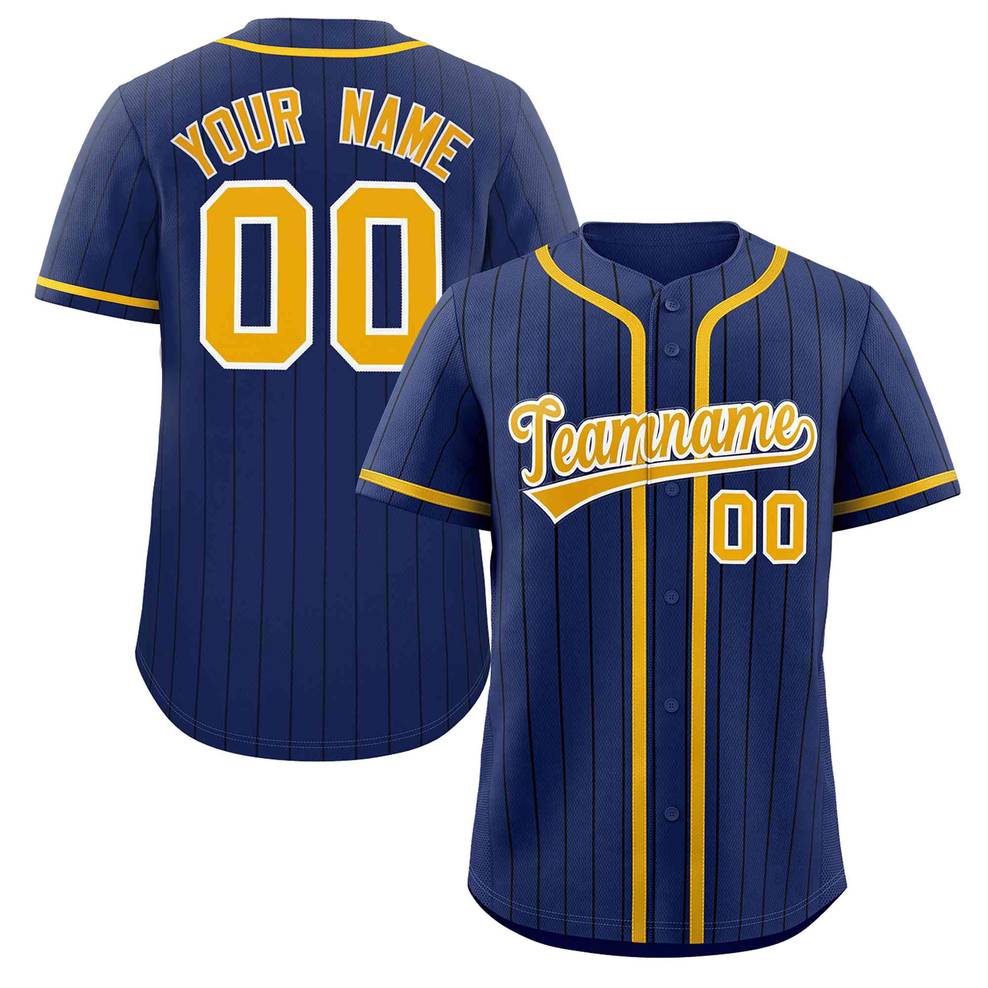 Custom Navy Gold-Black Stripe Fashion Design Full Button Authentic Baseball Jersey