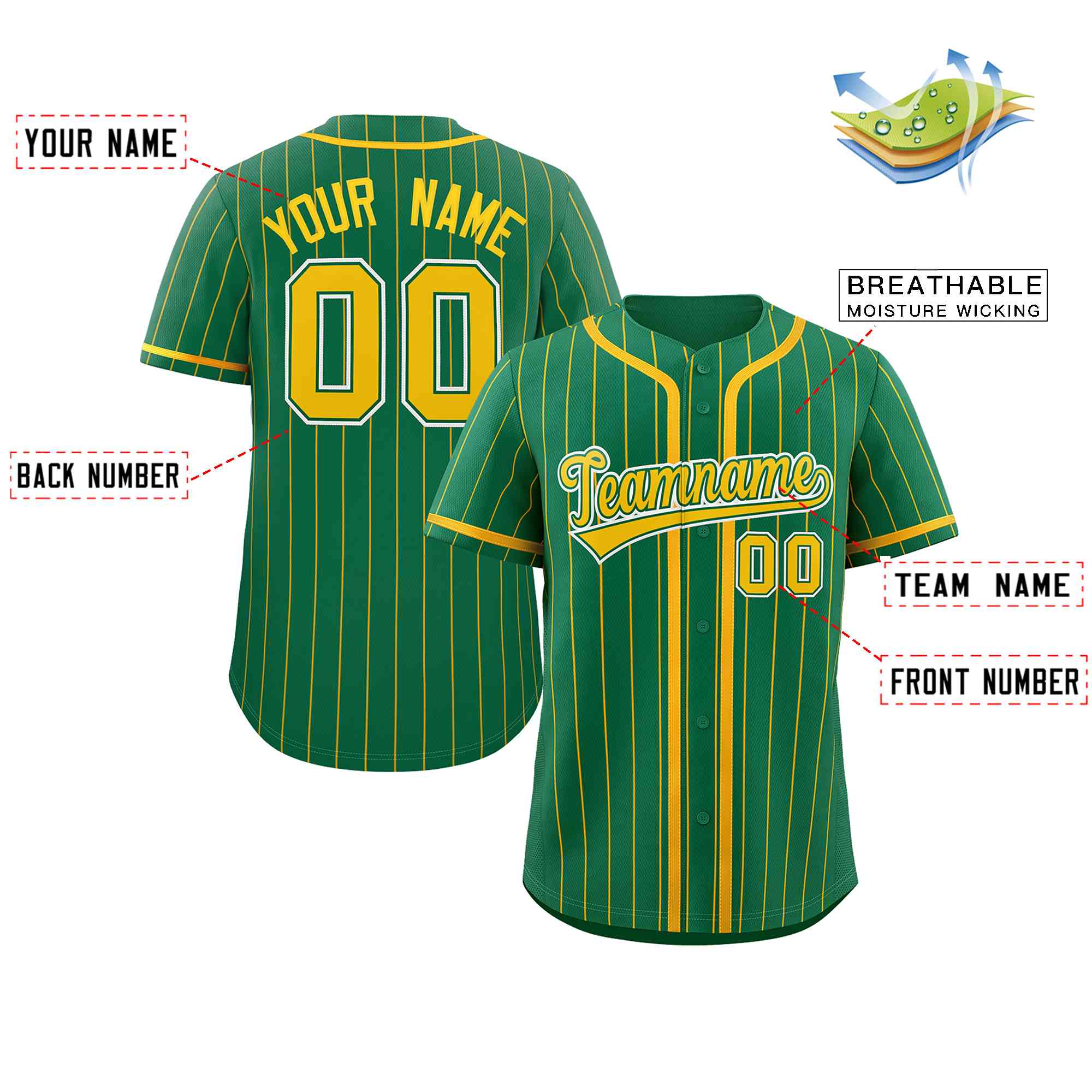 Custom Kelly Green Yellow Stripe Fashion Design Full Button Authentic Baseball Jersey