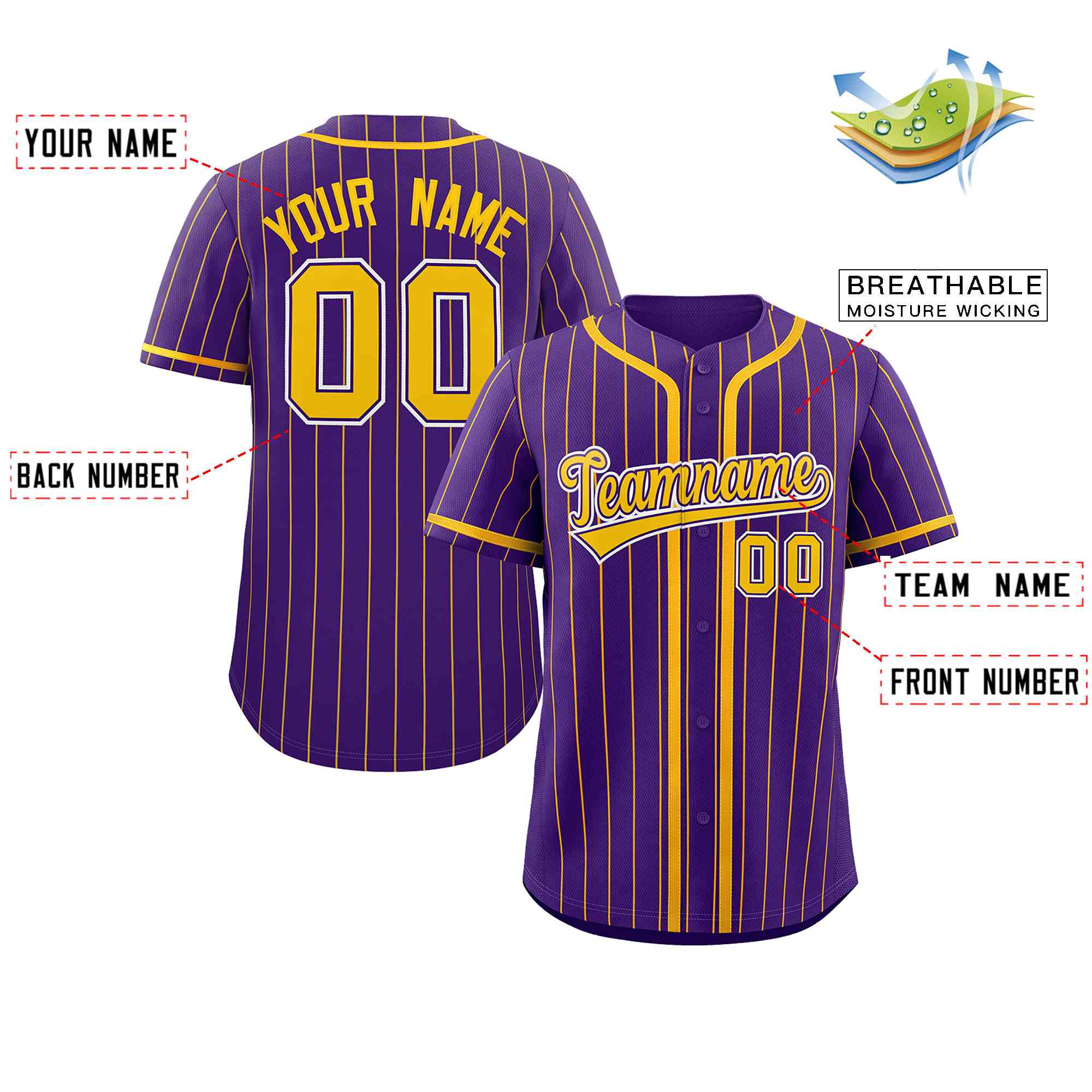 Custom Purple Yellow Stripe Fashion Design Full Button Authentic Baseball Jersey