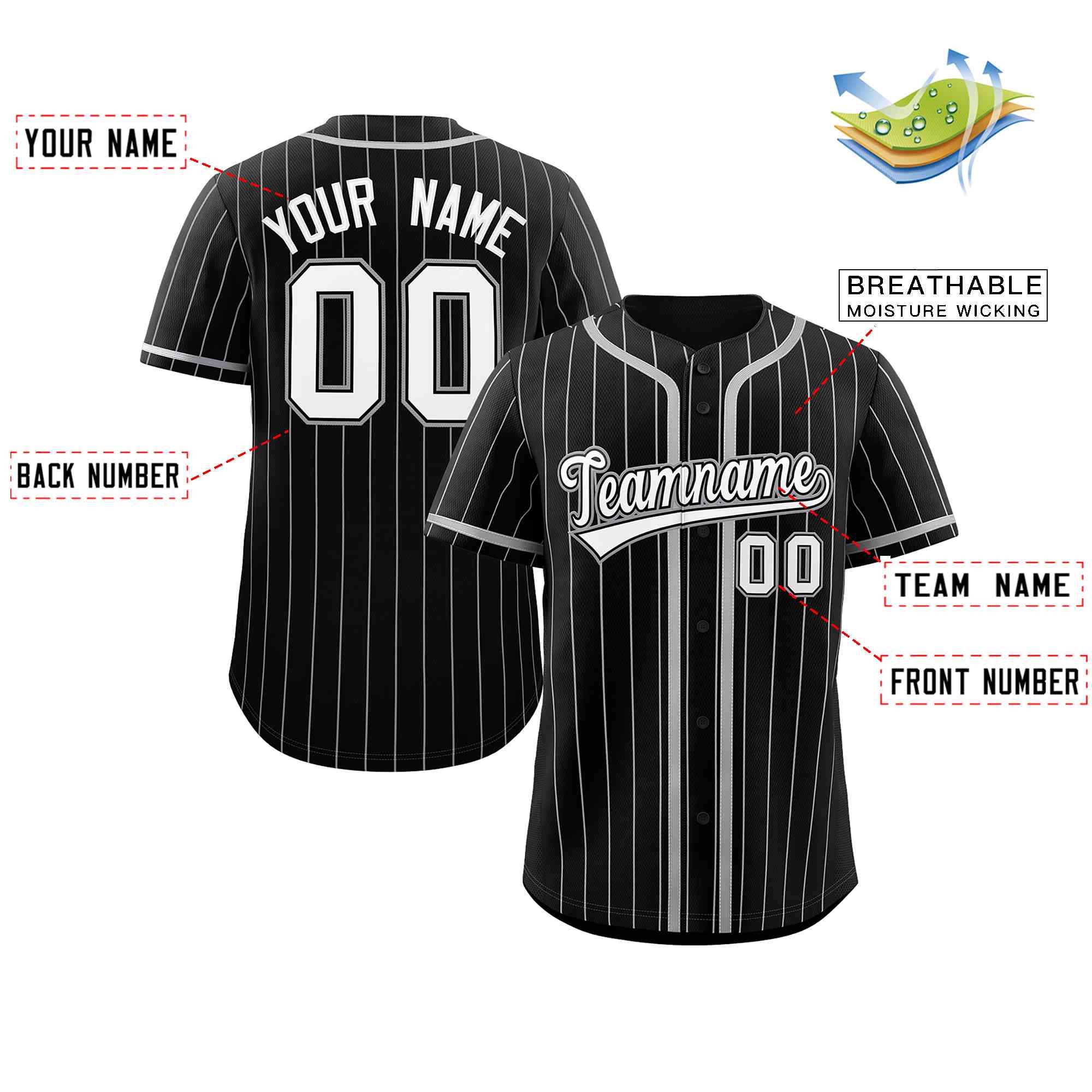 Custom Black Light Gray Stripe Fashion Design Full Button Authentic Baseball Jersey
