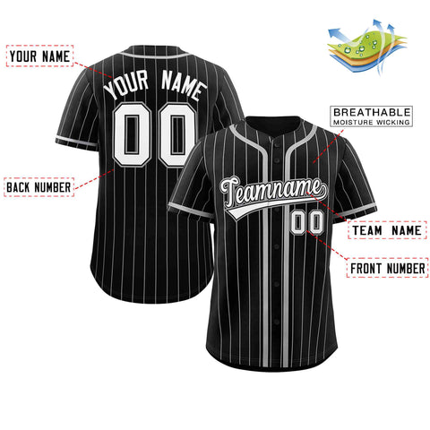 Custom Black Light Gray Stripe Fashion Design Full Button Authentic Baseball Jersey