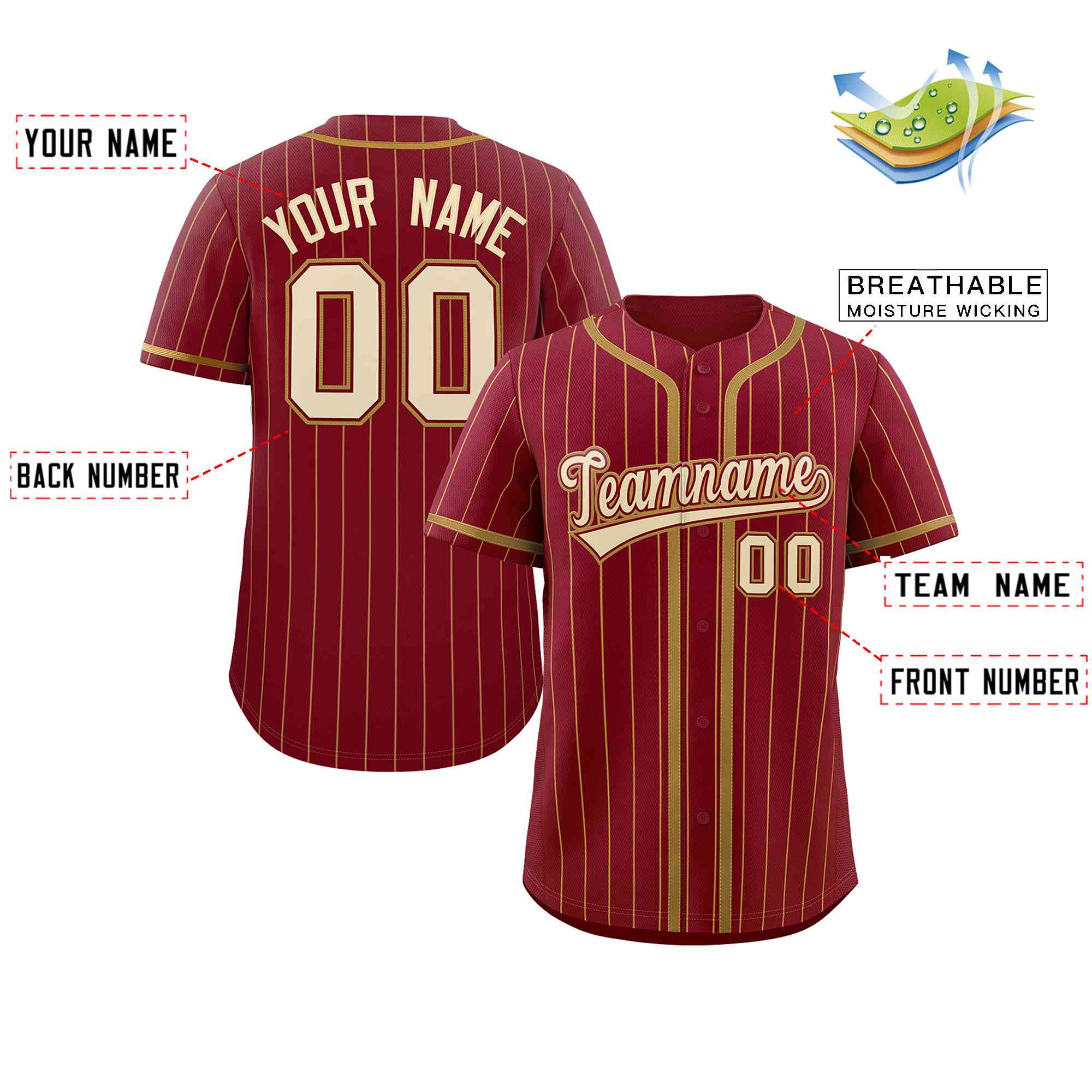 Custom Crimson Old Gold Stripe Fashion Design Full Button Authentic Baseball Jersey