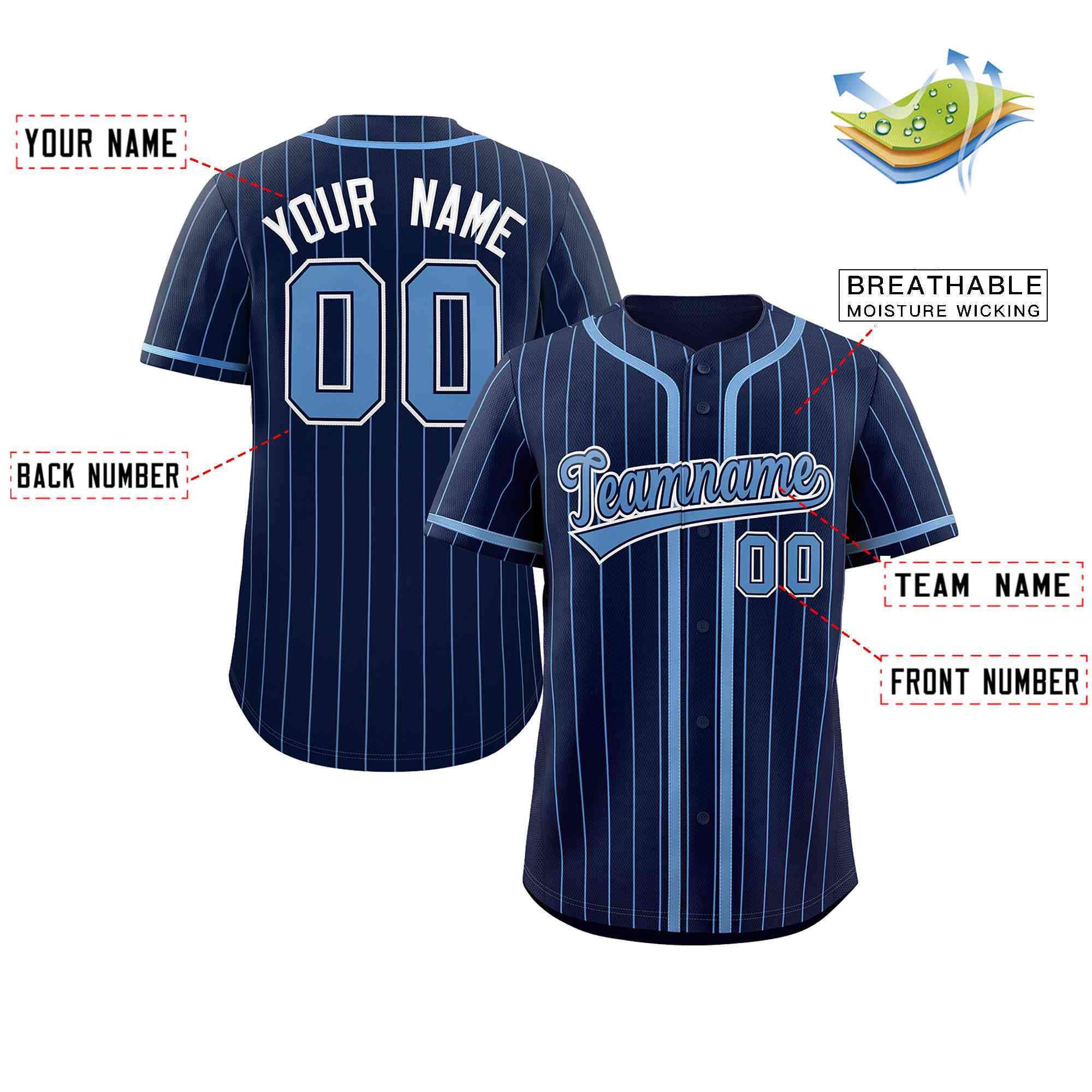 Custom Navy Light Blue Stripe Fashion Design Full Button Authentic Baseball Jersey